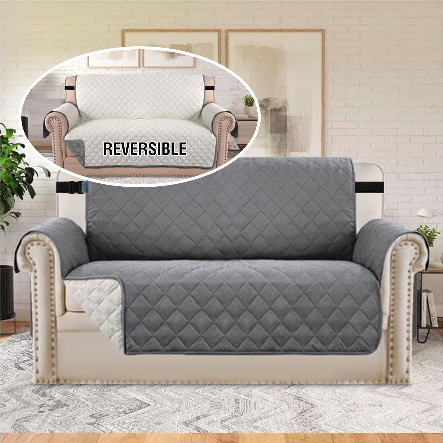 H.Versailtex Loveseat Couch Cover Reversible Couch Covers For 2 Cushion Couch Water Resistant Furniture Protector Cover With Elastic Strap For Pets Kids(Loveseat, Grey/Beige)