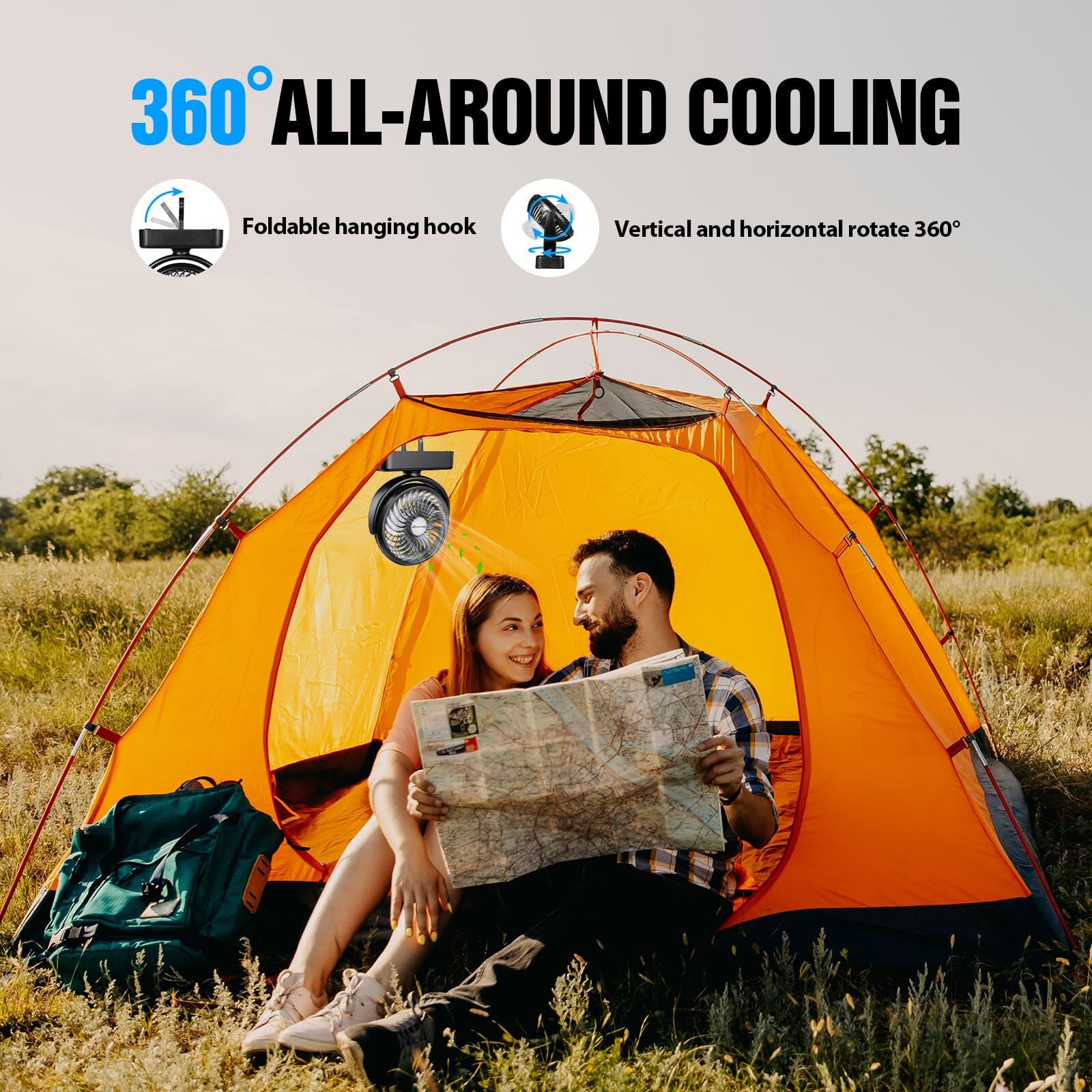 Portable Camping Fan With Led Lantern- 40H Work Time Rechargeable Battery Operated Fan With Hanging Hook For Tent Car Rv Hurricane Emergency Outages Survival Kit