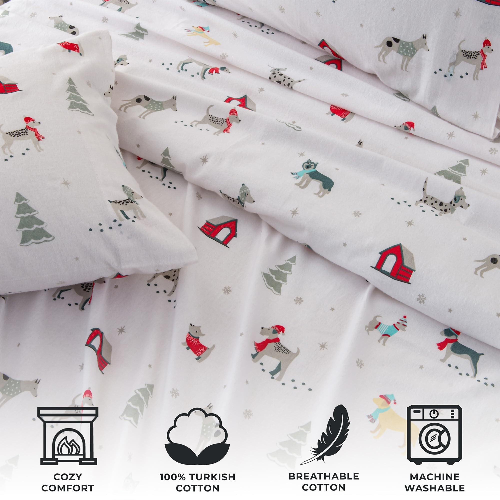 Great Bay Home Christmas Flannel Sheet Set Queen Size - 100% Turkish Cotton, Double-Brushed, Winter Bed Sheets - Ultra-Soft, Cozy, 4-Piece Christmas Bedding Set (Pups In The Snow)