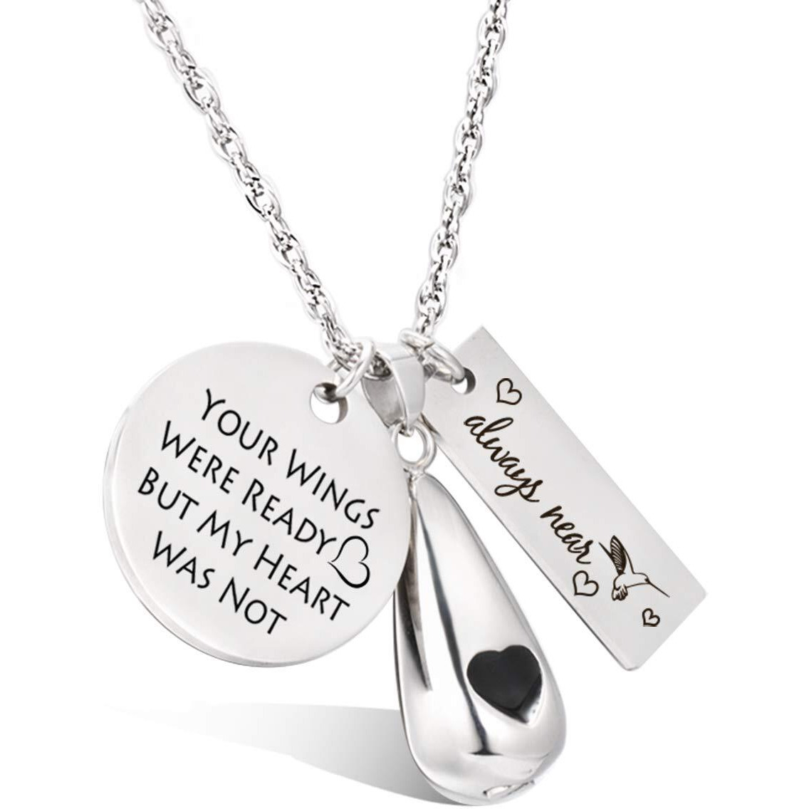 Gredstar Teardrop Urn Necklace Hummingbird Memorial Ash Jewelry Keepsake Jewelry Locket Pendant Cremation Jewelry For Ashes (Always Near+Hummingbird)