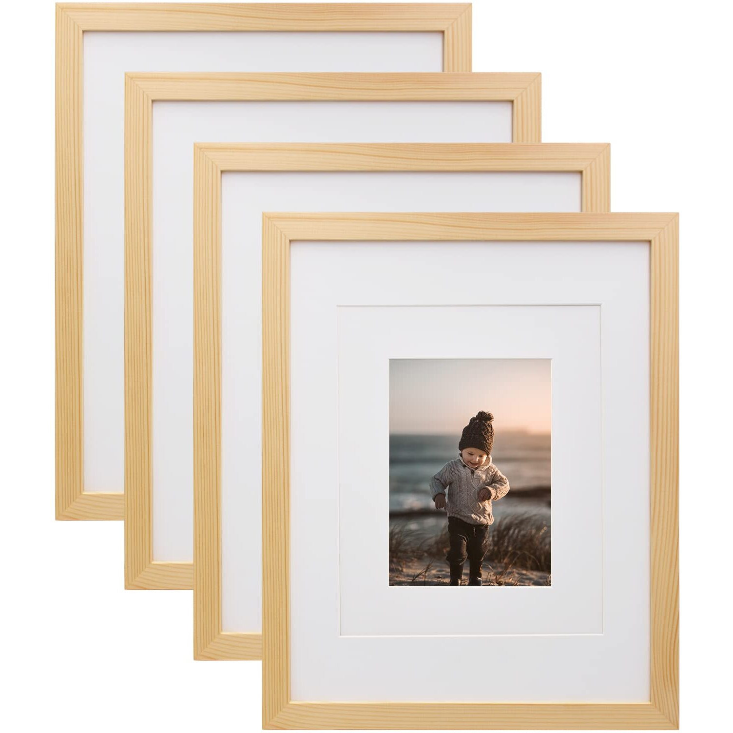Kinlink 11X14 Picture Frames Natural Wood Frames With Acrylic Plexiglass For Pictures 5X7/8X10 With Mat Or 11X14 Without Mat, Tabletop And Wall Mounting Display, Set Of 4