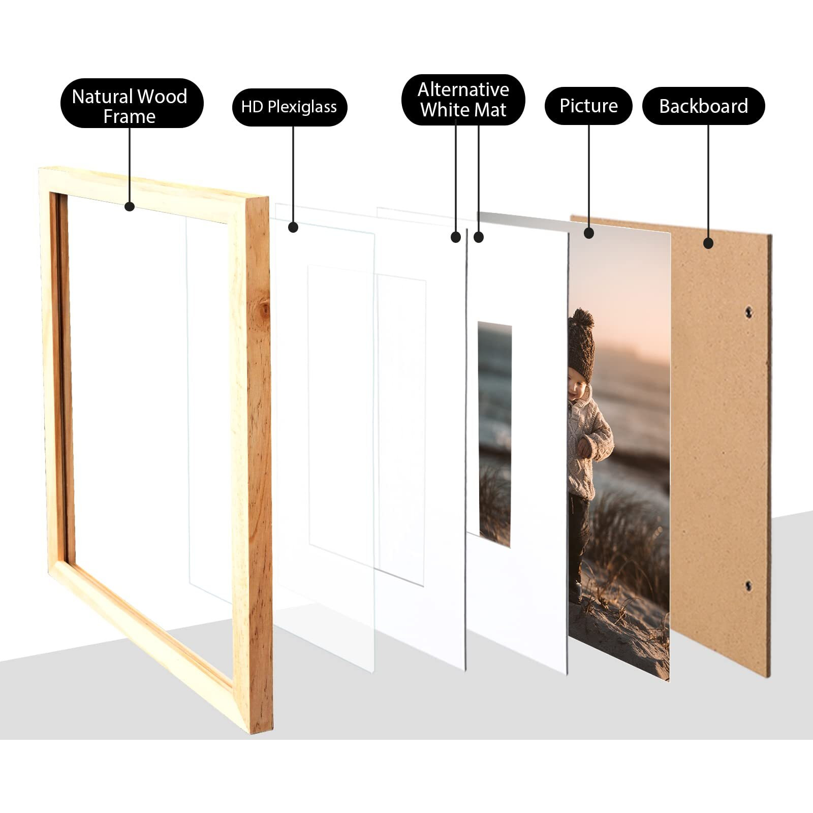 Kinlink 11X14 Picture Frames Natural Wood Frames With Acrylic Plexiglass For Pictures 5X7/8X10 With Mat Or 11X14 Without Mat, Tabletop And Wall Mounting Display, Set Of 4
