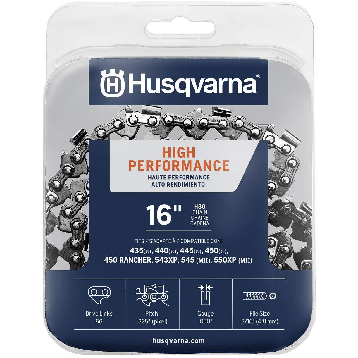 Husqvarna H30 Narrow Kerf 16 Inch Chainsaw Chain, .325"" Pitch, .050"" Gauge, 66 Drive Link Chainsaw Blade Replacement With Low Vibration And Low Kickback, Gray