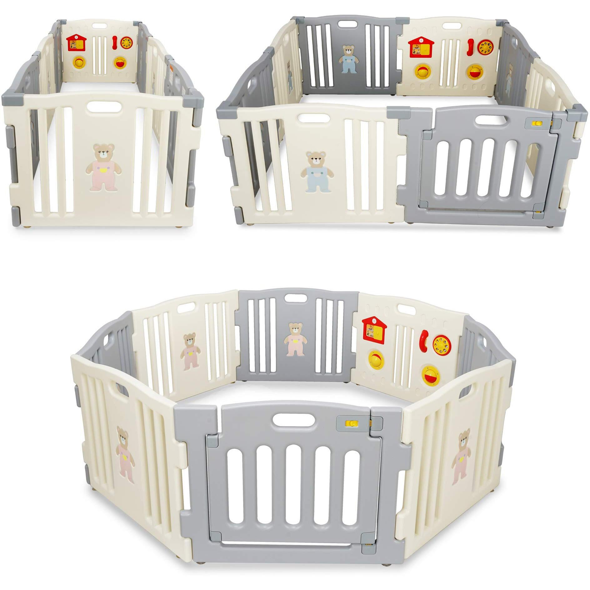 Kidzone Grey - White Baby Interactive Playpen 8 Panel Safety Gate Children Play Center Child Activity Pen Astm Certified