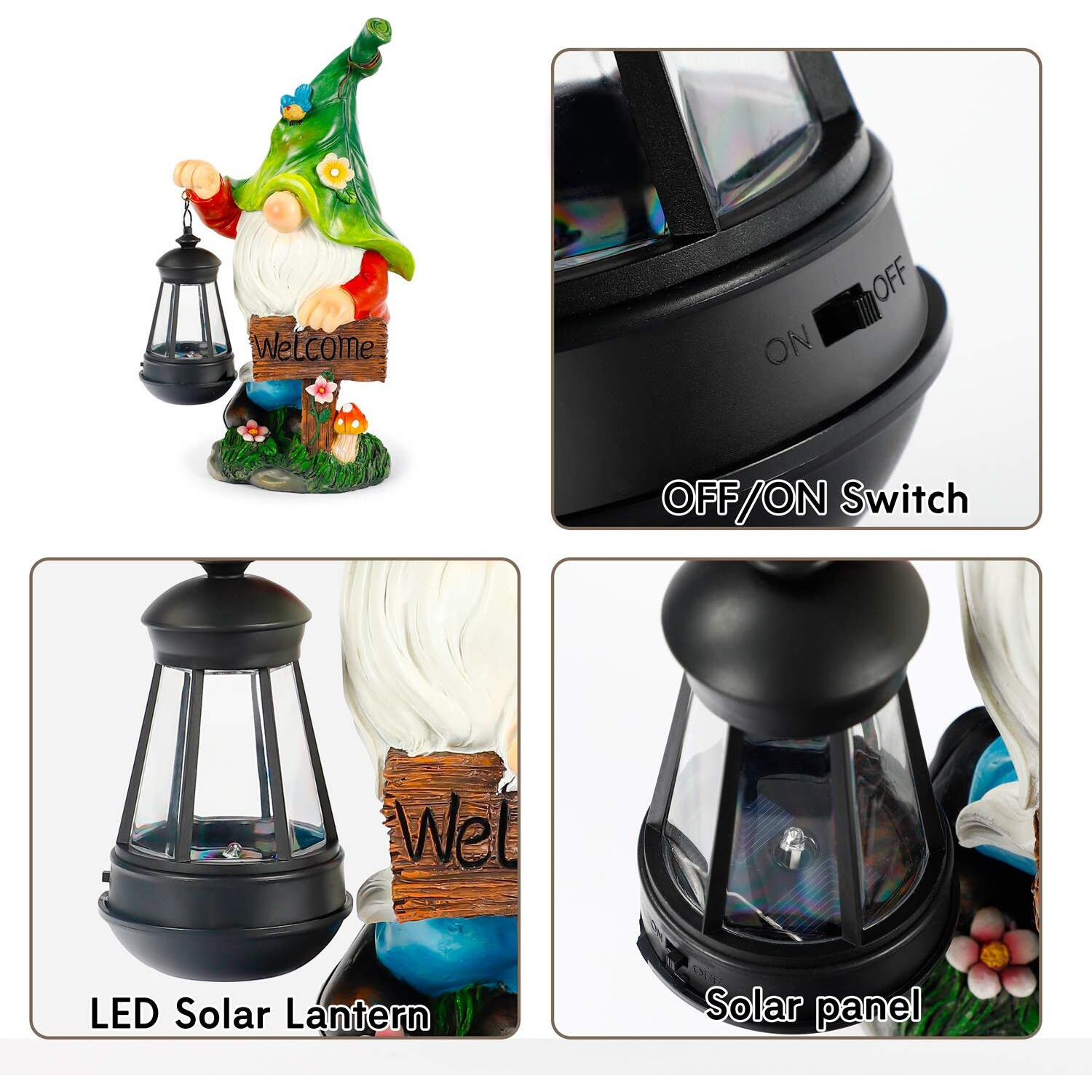 Wogoon Garden Gnome Statue, Resin Figurine With Bright Solar Lantern Lights And Welcome Sign, Outdoor Solar-Powered Illumination Yard Art Decorations For Indoor Outdoor Patio Lawn Garden Room