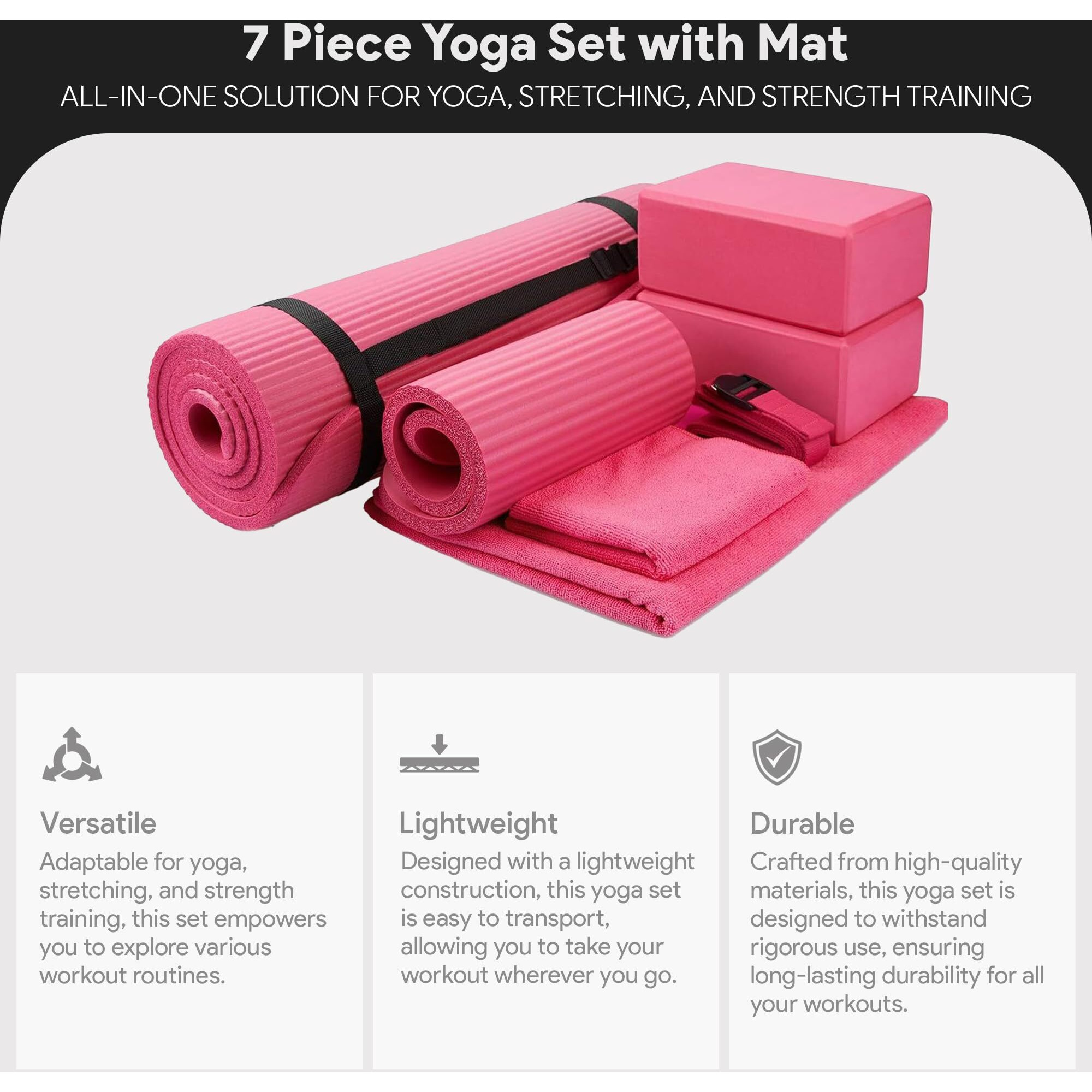 Balancefrom 7 Piece Yoga Set, With Mat & Towel, Home Workout Equipment, Pink