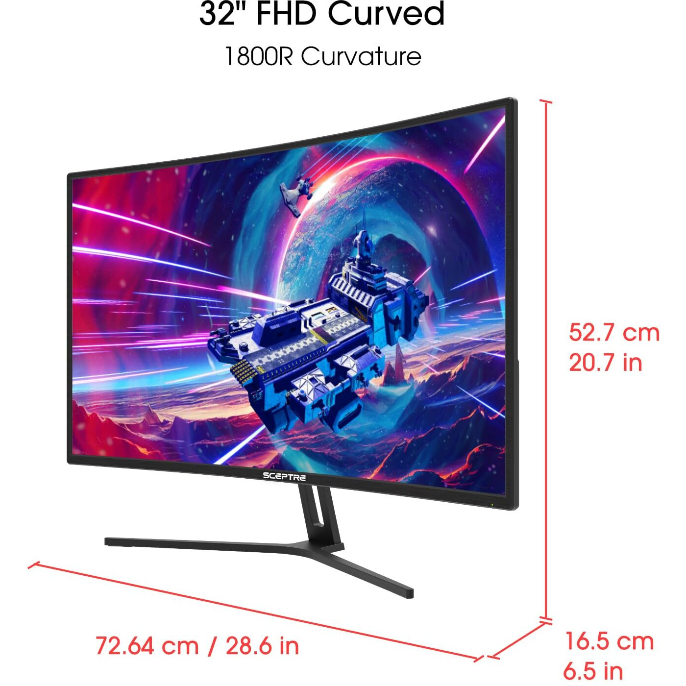 Sceptre 32-Inch Curved Gaming Monitor Overdrive Up To 240Hz Displayport 165Hz 144Hz Hdmi Amd Freesync Build-In Speakers, Machine Black (C325B-185Rd)