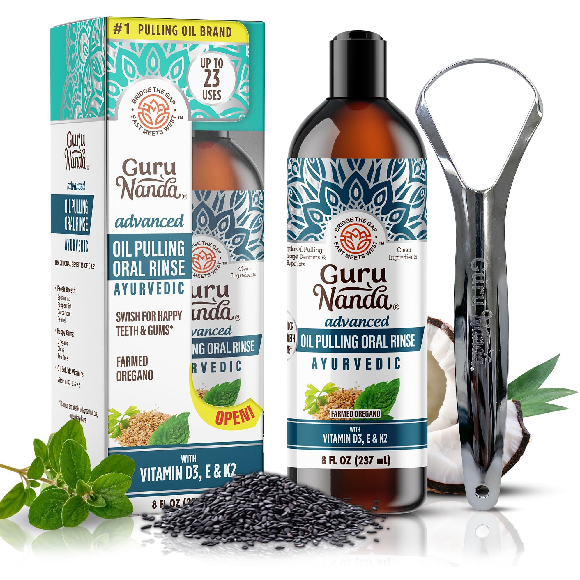 Gurunanda Advanced Oil Pulling With Tongue Scraper - Natural Alcohol-Free Mouthwash With Coconut Oil, Vitamins D & E For Healthy Teeth & Gums(8 Fl Oz)