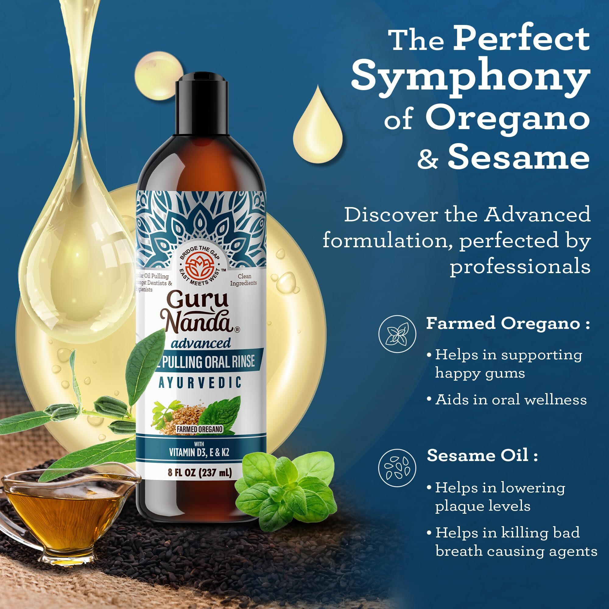 Gurunanda Advanced Oil Pulling With Tongue Scraper - Natural Alcohol-Free Mouthwash With Coconut Oil, Vitamins D & E For Healthy Teeth & Gums(8 Fl Oz)
