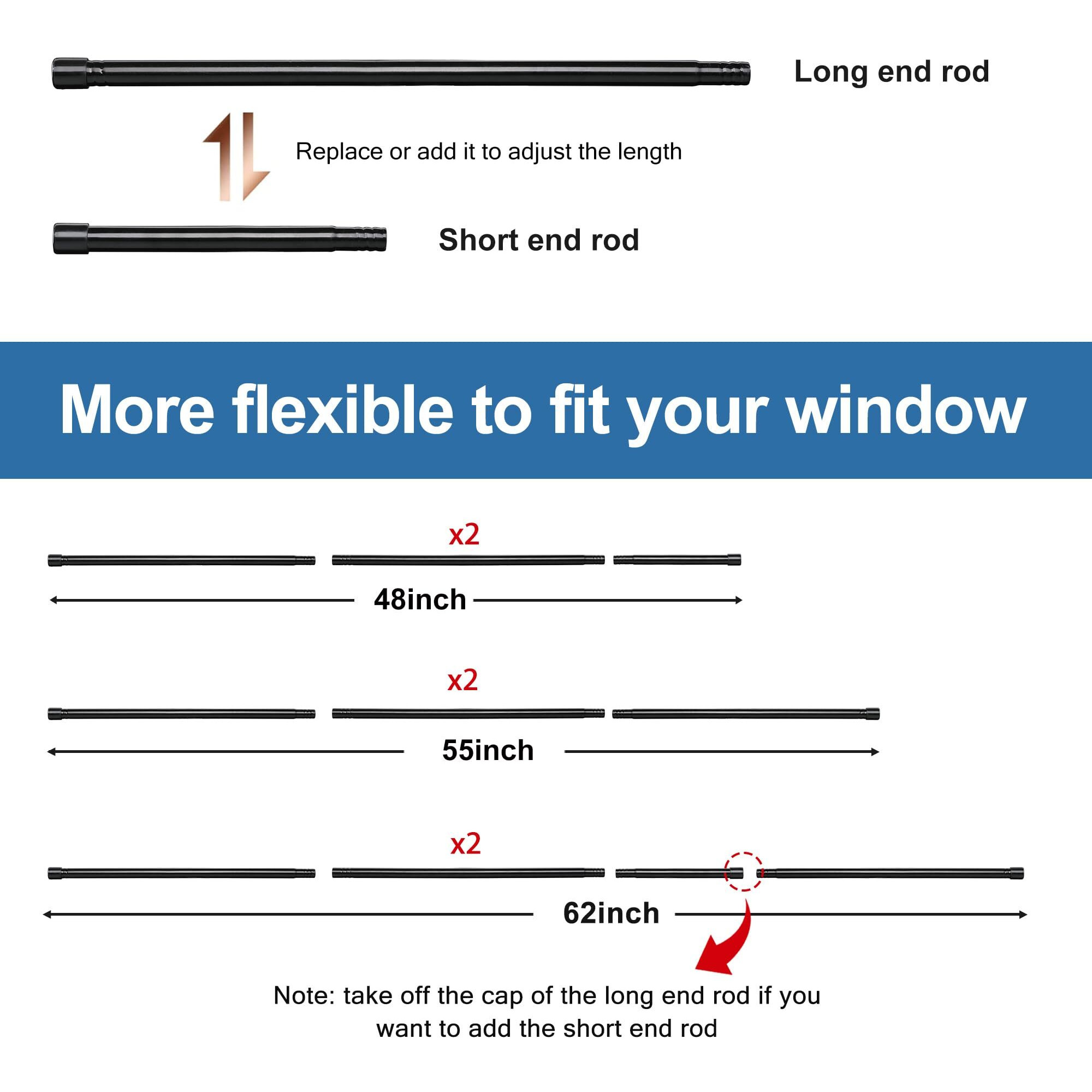 1 Inch Black Curtain Rod Set For Windows 30 To 62 Inch, Stainless Steel Heavy Duty Drapery Rods With Adjustable Brackets For Room Divider, Bedroom, Living Room, Kitchen, Bathroom, Black