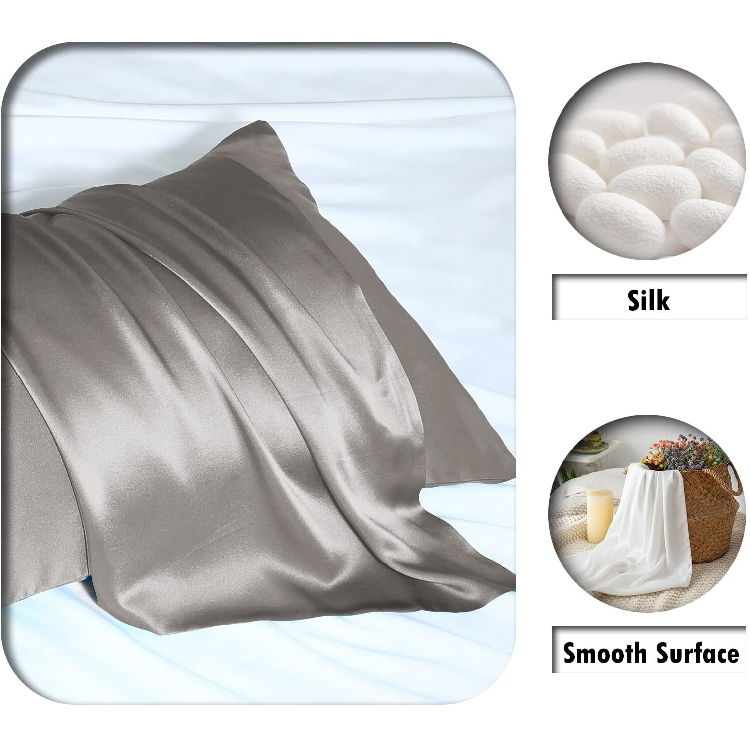 Mulberry Silk Pillowcase For Hair And Skin Pillow Case With Hidden Zipper Soft Breathable Smooth Cooling Silk Pillow Covers For Sleeping (Gray, King(20"&quotX 36""))