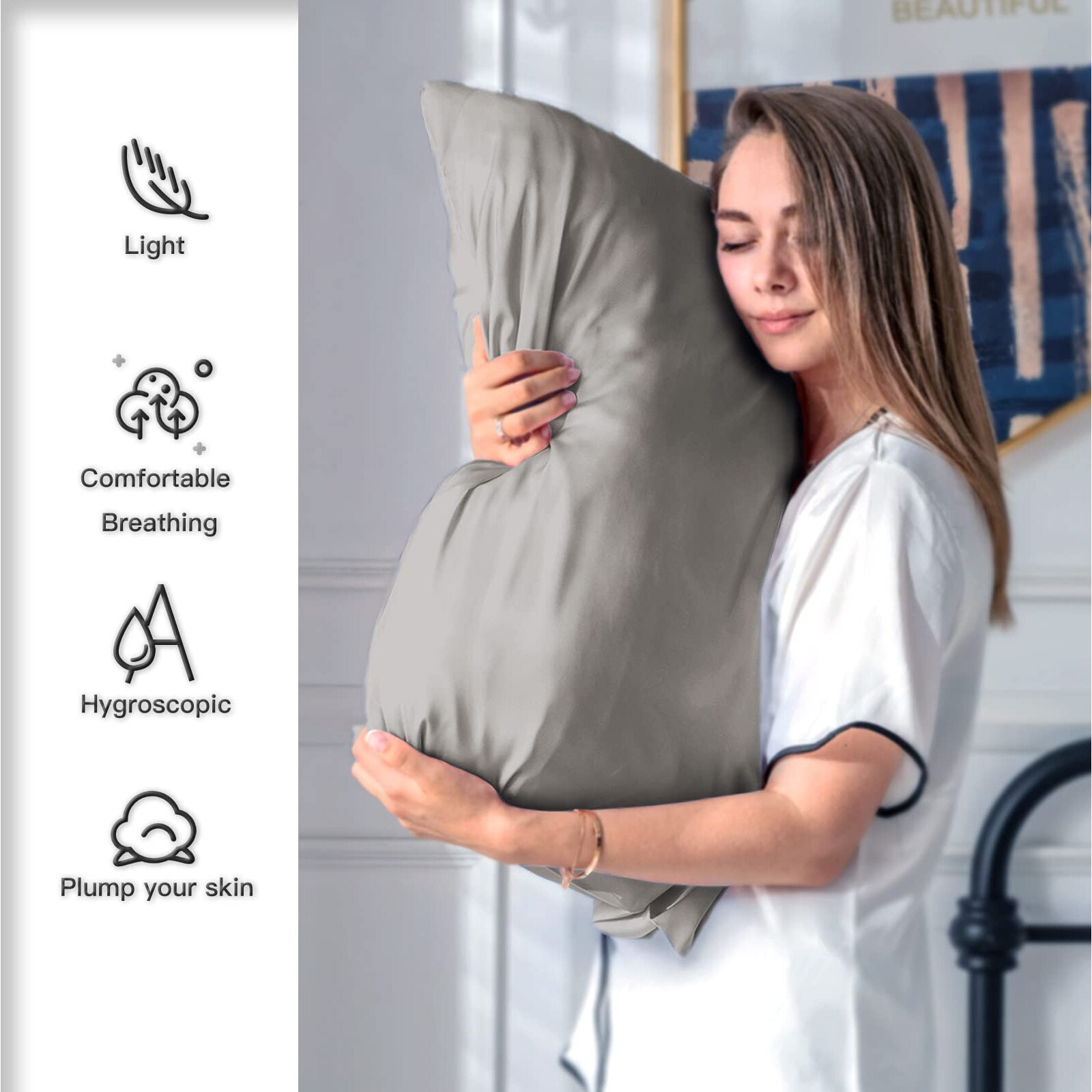 Mulberry Silk Pillowcase For Hair And Skin Pillow Case With Hidden Zipper Soft Breathable Smooth Cooling Silk Pillow Covers For Sleeping (Gray, King(20"&quotX 36""))