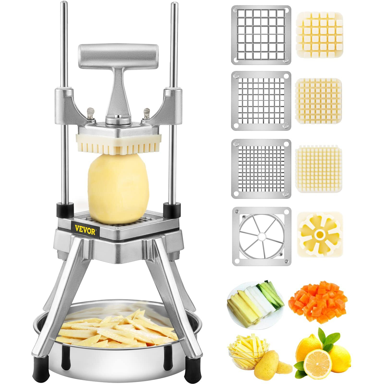 Vevor Commercial Vegetable Fruit Chopper, Stainless Steel French Fry Cutter W/ 4 Blades 1/4"" 3/8"" 1/2"", Vegetable Chopper Dicer W/Stainless Bowl, Heavy Duty Cutter For Potato Tomato Onion Mushroom