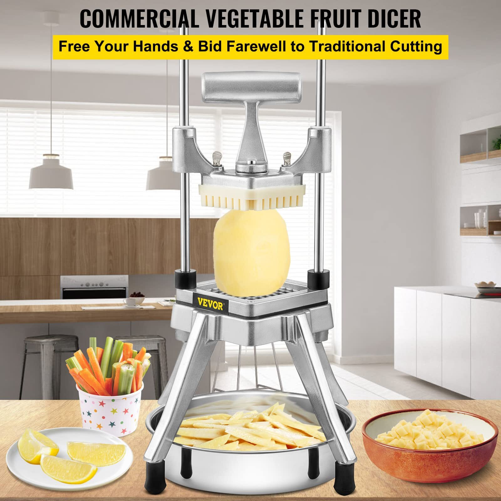 Vevor Commercial Vegetable Fruit Chopper, Stainless Steel French Fry Cutter W/ 4 Blades 1/4"" 3/8"" 1/2"", Vegetable Chopper Dicer W/Stainless Bowl, Heavy Duty Cutter For Potato Tomato Onion Mushroom