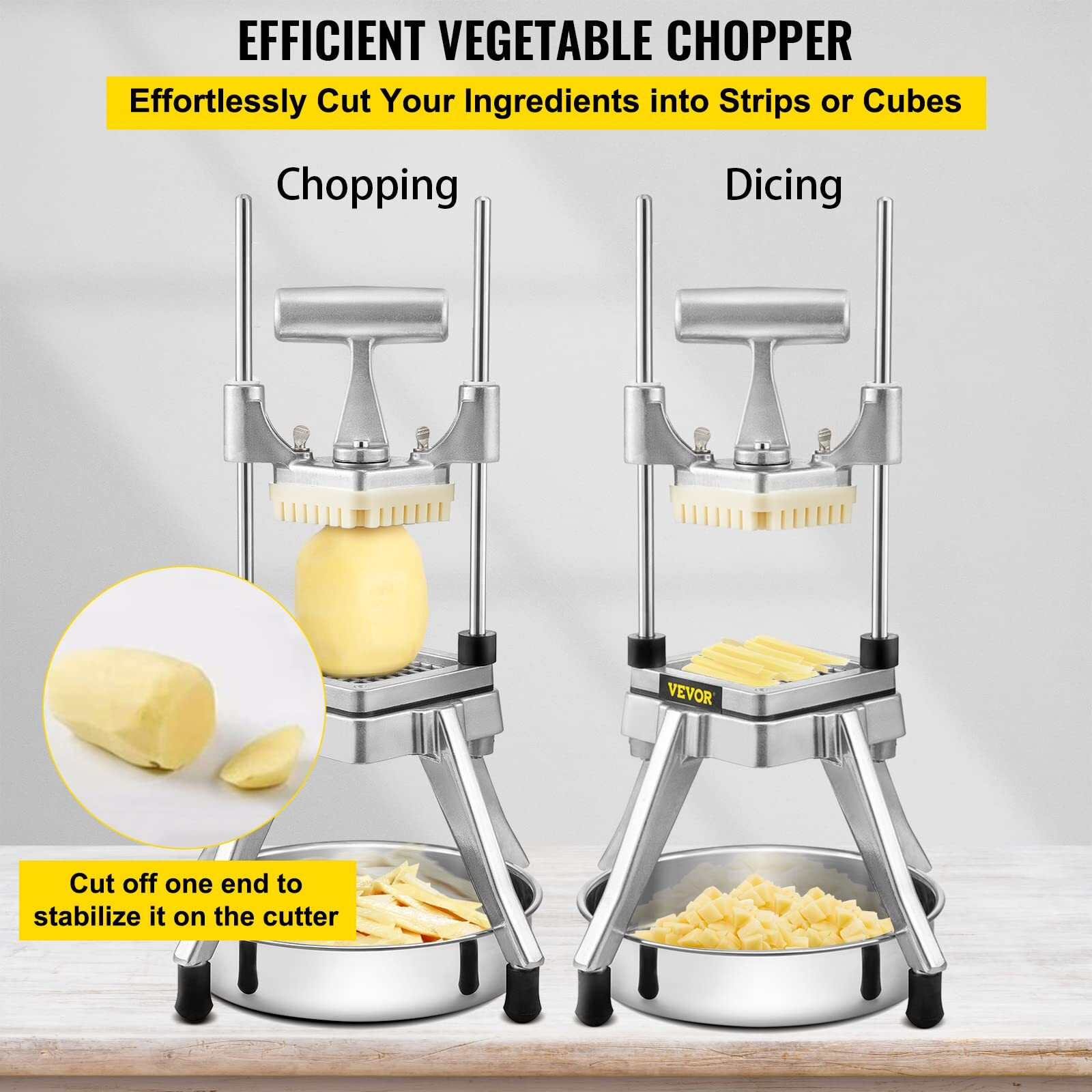Vevor Commercial Vegetable Fruit Chopper, Stainless Steel French Fry Cutter W/ 4 Blades 1/4"" 3/8"" 1/2"", Vegetable Chopper Dicer W/Stainless Bowl, Heavy Duty Cutter For Potato Tomato Onion Mushroom