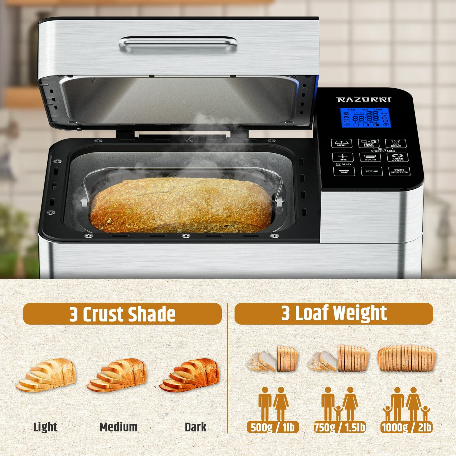 Razorri Bread Maker Machine Stainless Steel Ul Certified, Nonstick Bread Pan, Homemade 2Lbs Breadmaker, Gluten-Free Setting, 15H Delayed-Start, 1H Keep Warm, 3 Crust Colors And 3 Loaf Sizes