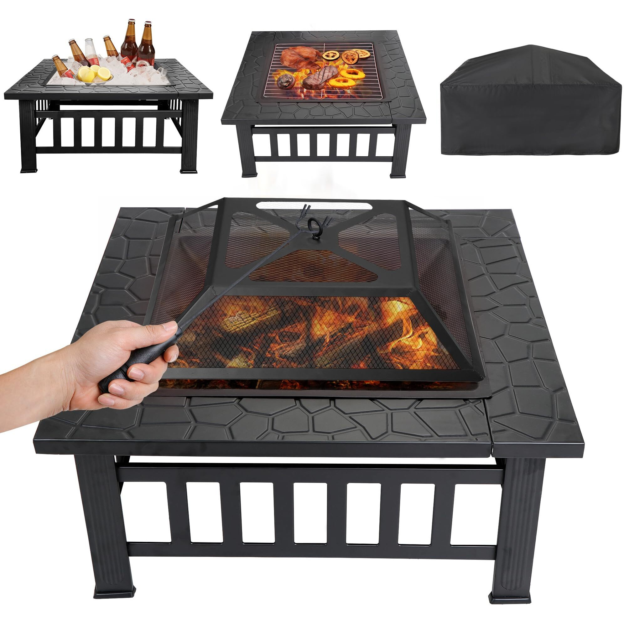 F2C 32 Inch Outdoor Fire Pit Square Fireplace Metal Wood Burning Stove W/Waterproof Cover Poker, Patio Backyard Travel Camping Bbq Wood Burning