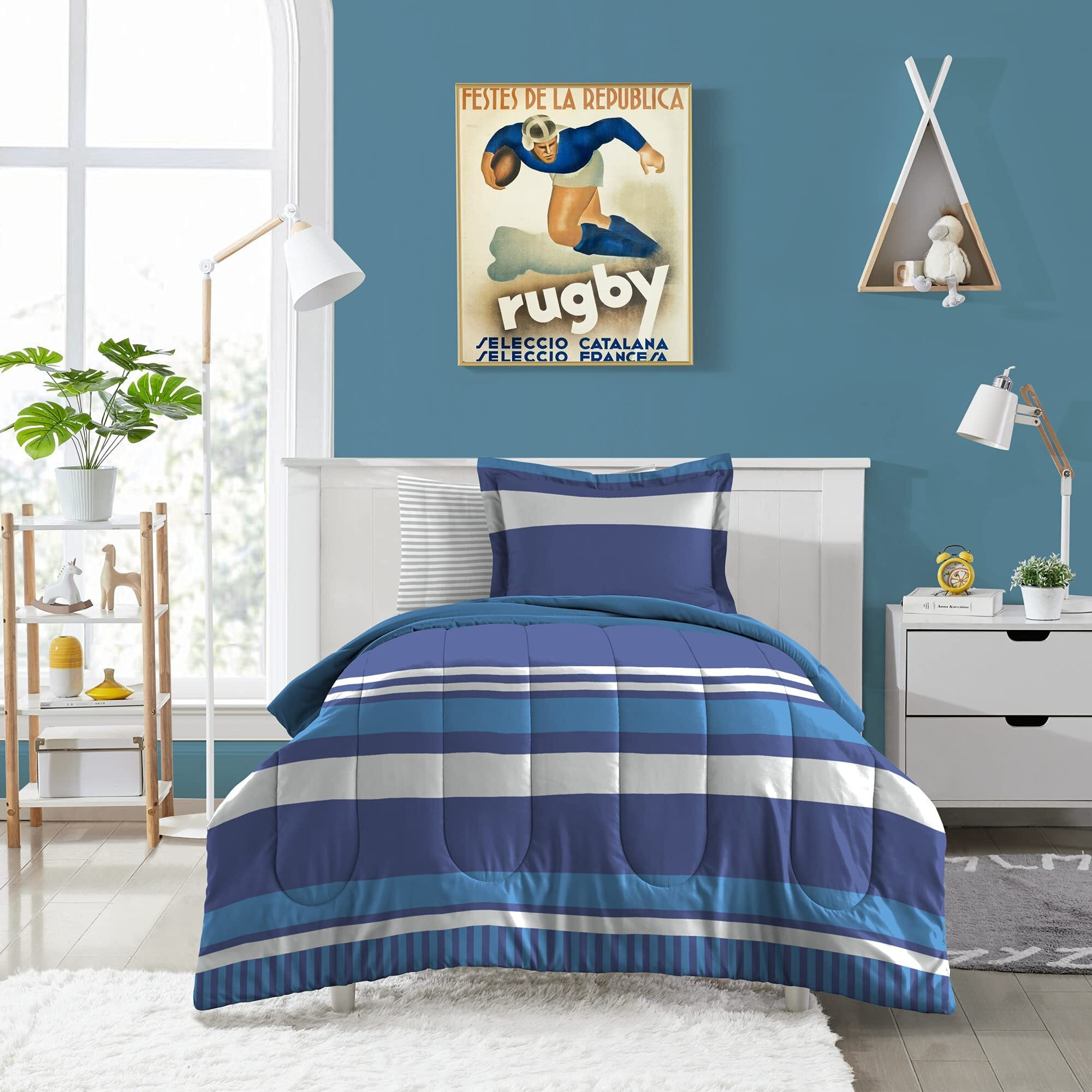 Dream Factory Kids 5-Piece Complete Bed Set Easy-Wash Super Soft Microfiber Comforter Bedding, Twin, Blue Rugby Stripe, (2D872701Bl)