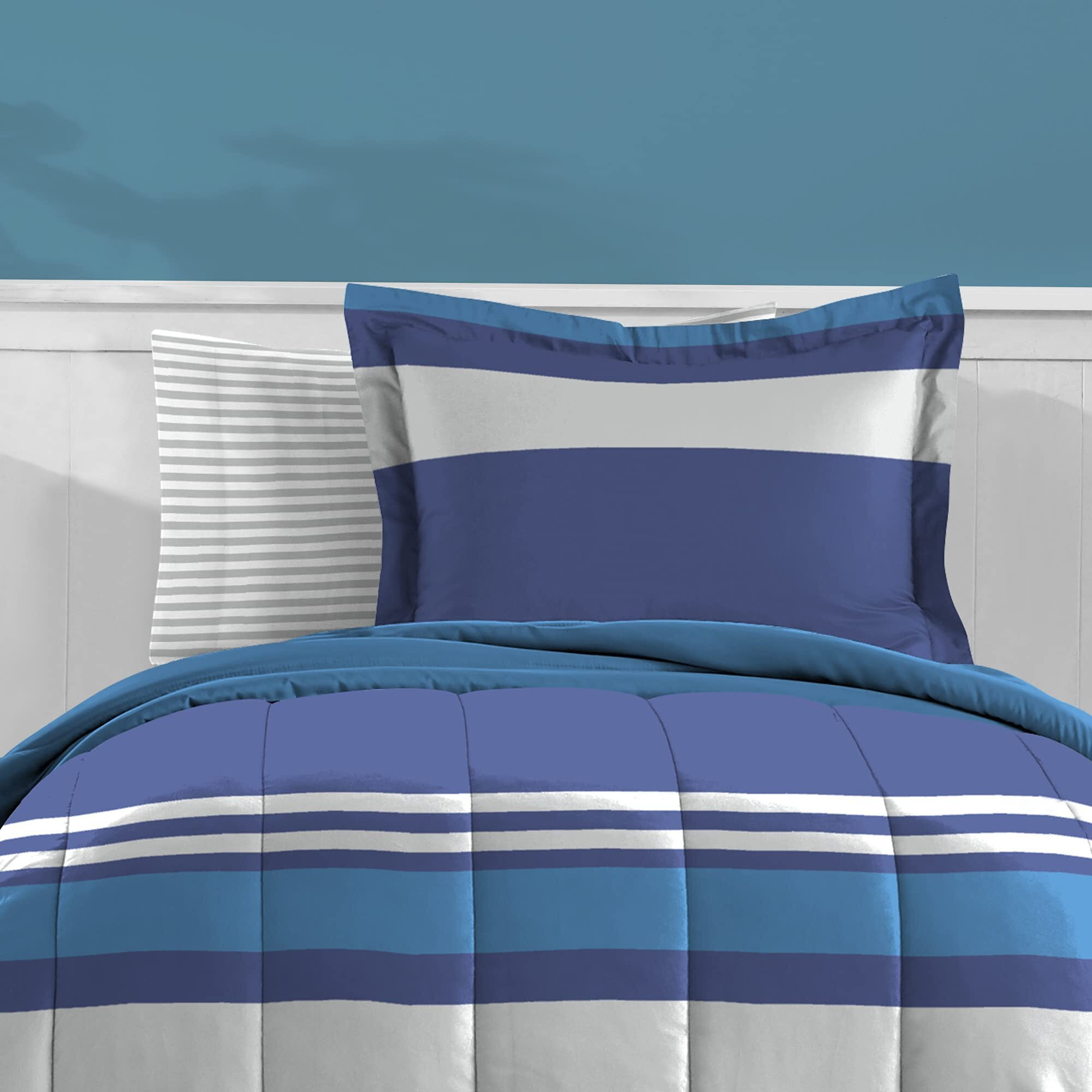 Dream Factory Kids 5-Piece Complete Bed Set Easy-Wash Super Soft Microfiber Comforter Bedding, Twin, Blue Rugby Stripe, (2D872701Bl)