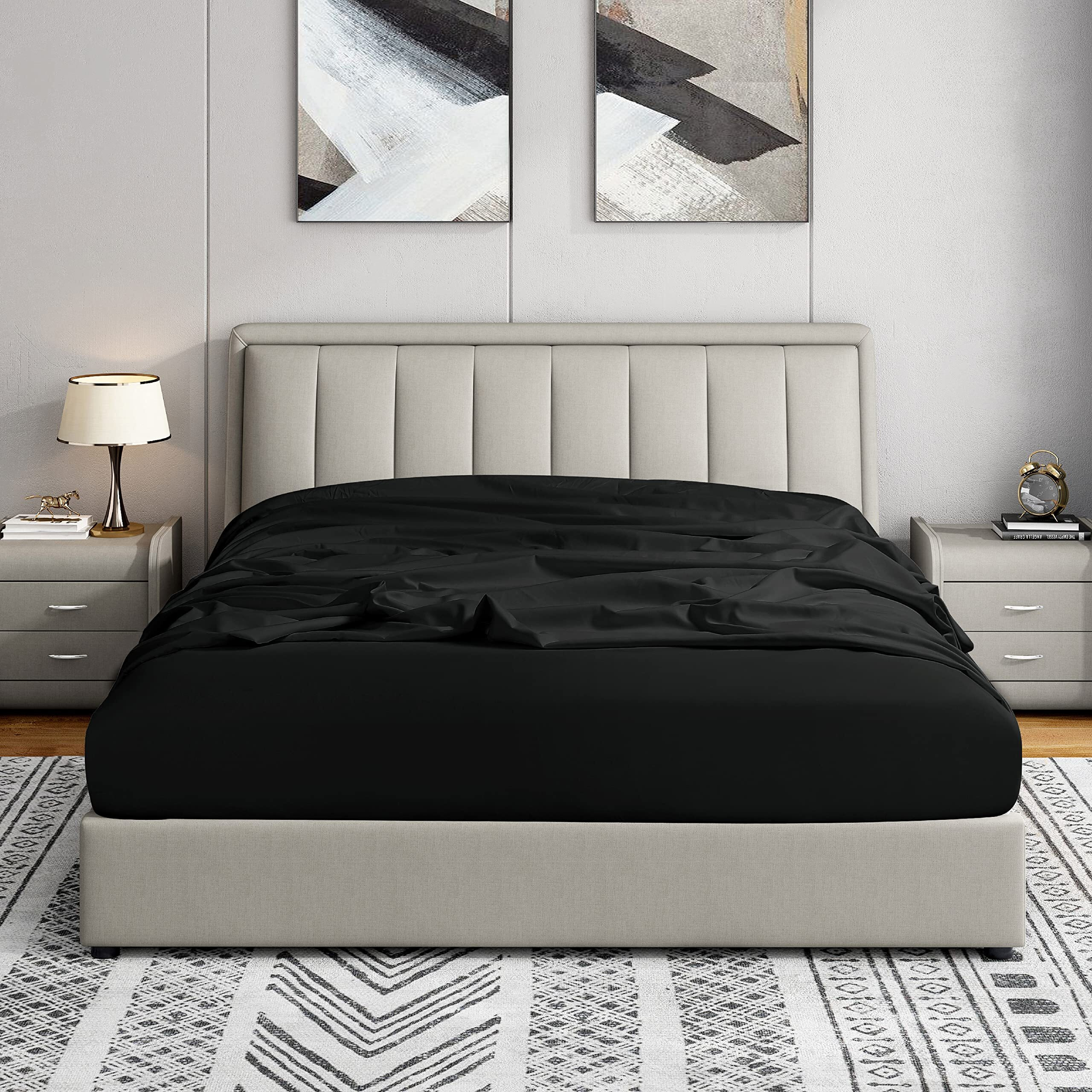 Cathay Home Twin Fitted Sheet - Double Brushed Ultra Soft - Wrinkle & Fade Resistant - 14"" Standard Pocket Fitted Sheet Only - Good Fit For 12""-16"" Deep Mattress (Twin, Black)
