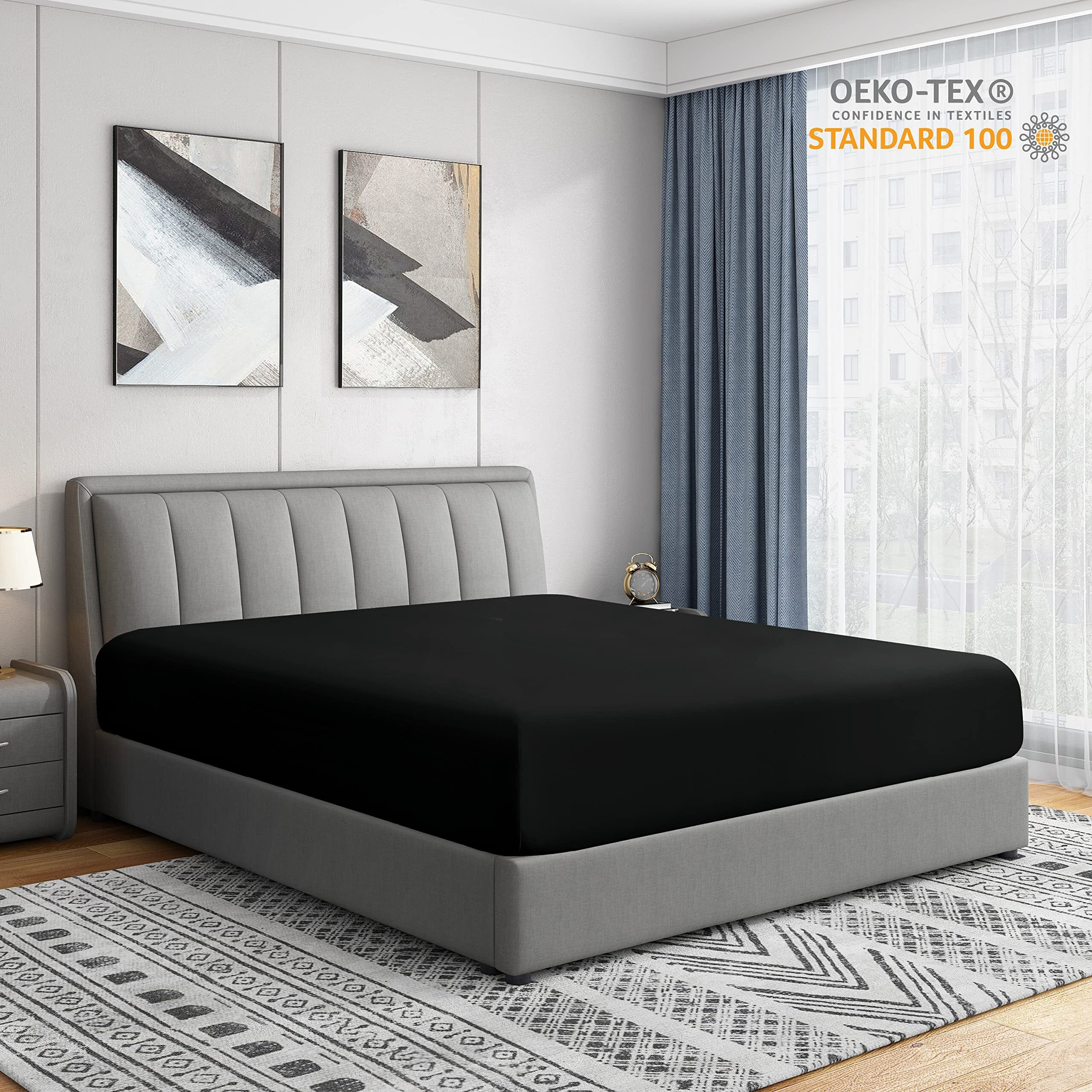 Cathay Home Twin Fitted Sheet - Double Brushed Ultra Soft - Wrinkle & Fade Resistant - 14"" Standard Pocket Fitted Sheet Only - Good Fit For 12""-16"" Deep Mattress (Twin, Black)