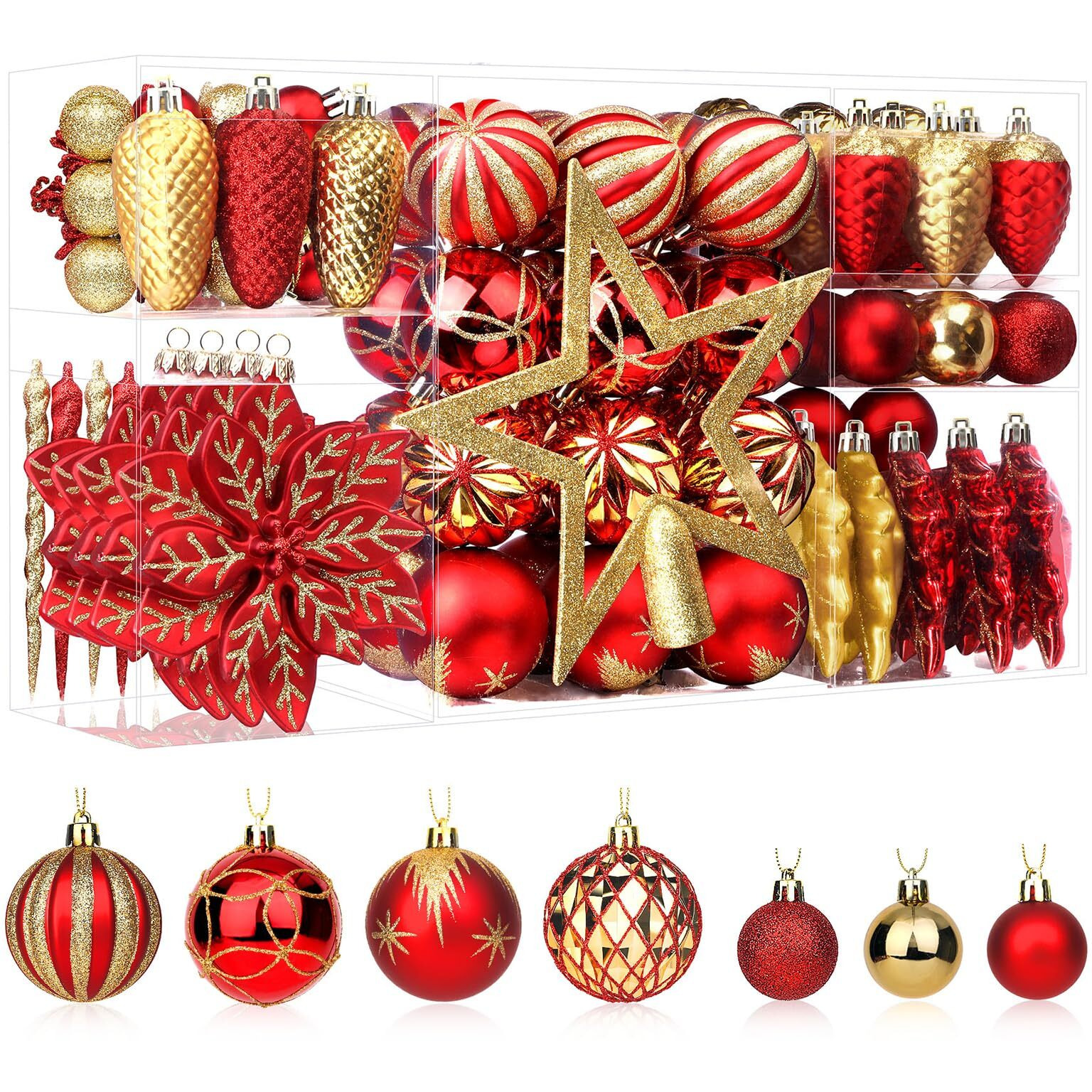Shareconn 106Pcs Christmas Balls Ornaments Set, Colorful Shatterproof Plastic Decorative Baubles For Xmas Tree Decor Holiday Wedding Party Decoration With Hanging Hooks, Red & Gold