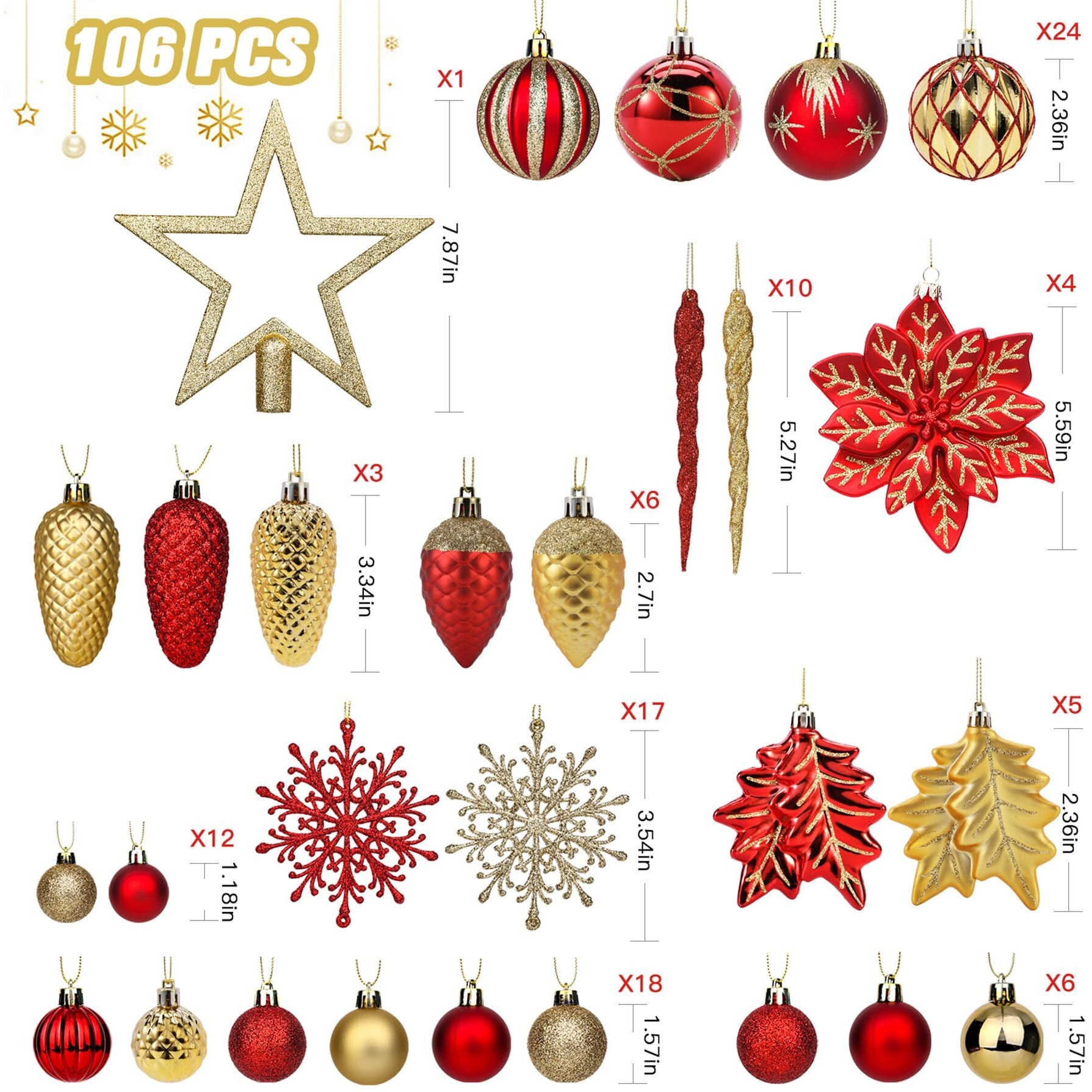 Shareconn 106Pcs Christmas Balls Ornaments Set, Colorful Shatterproof Plastic Decorative Baubles For Xmas Tree Decor Holiday Wedding Party Decoration With Hanging Hooks, Red & Gold