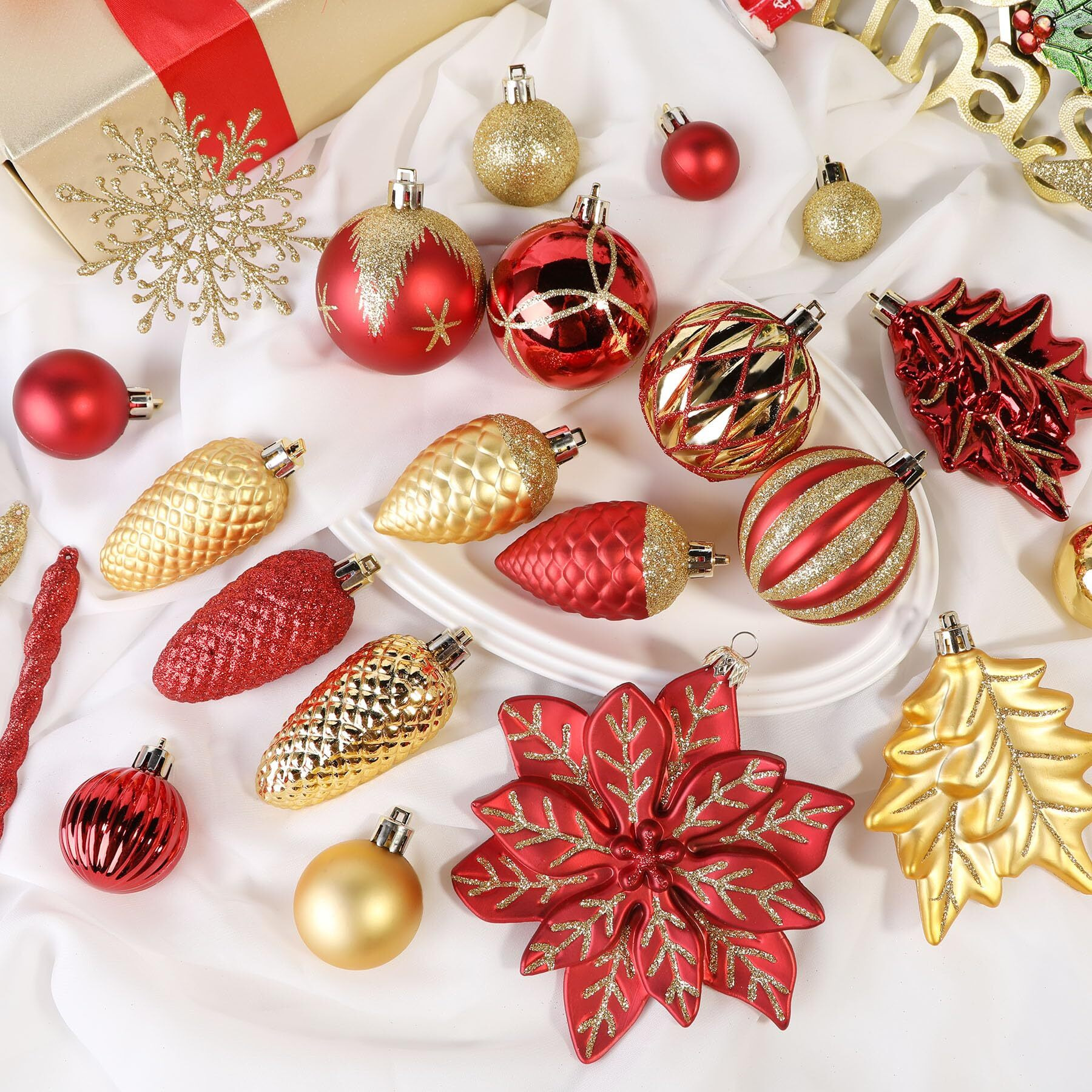 Shareconn 106Pcs Christmas Balls Ornaments Set, Colorful Shatterproof Plastic Decorative Baubles For Xmas Tree Decor Holiday Wedding Party Decoration With Hanging Hooks, Red & Gold