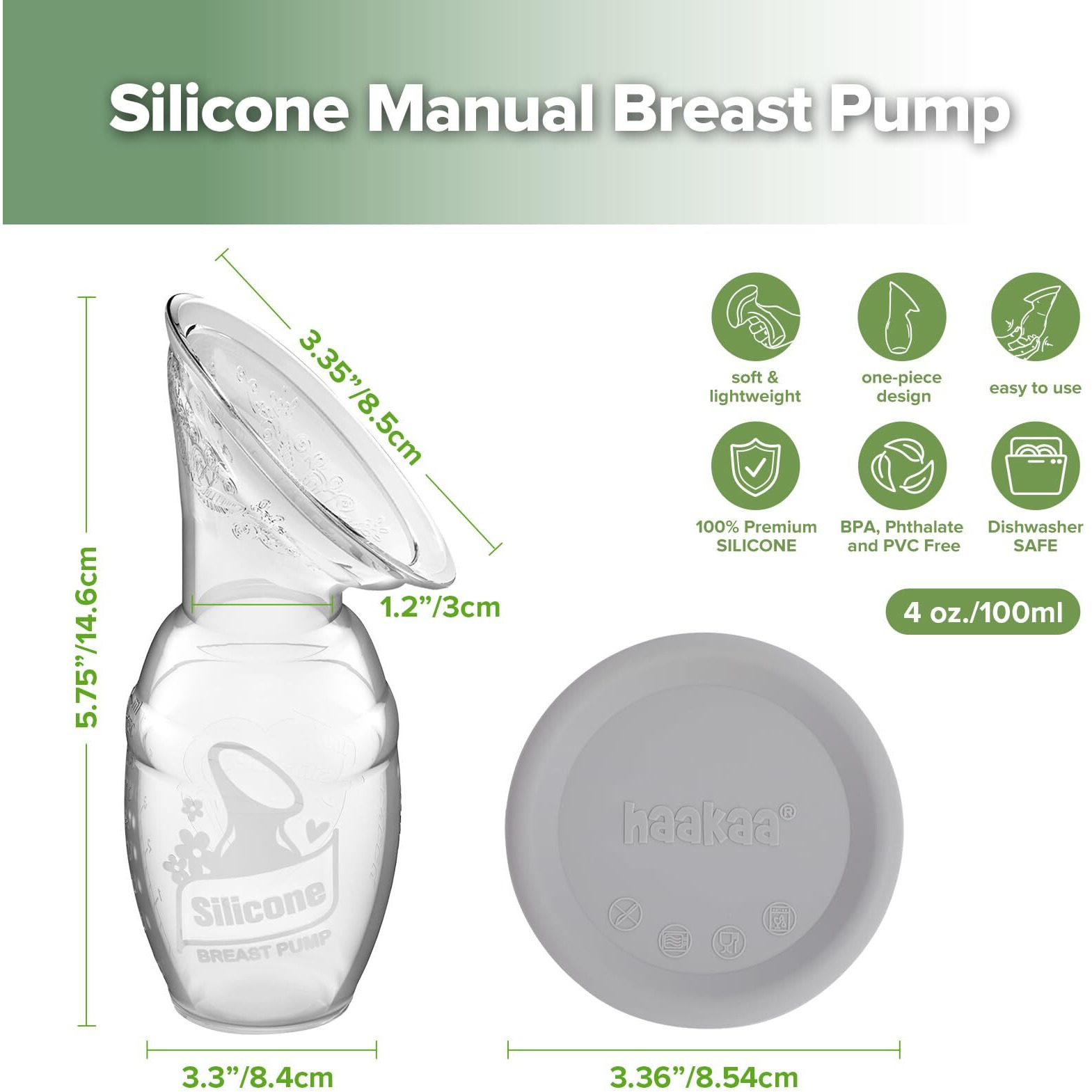 Haakaa Manual Breast Pump Breastfeeding Pump With Food Grade Silicone Cap (Grey) 4Oz/100Ml