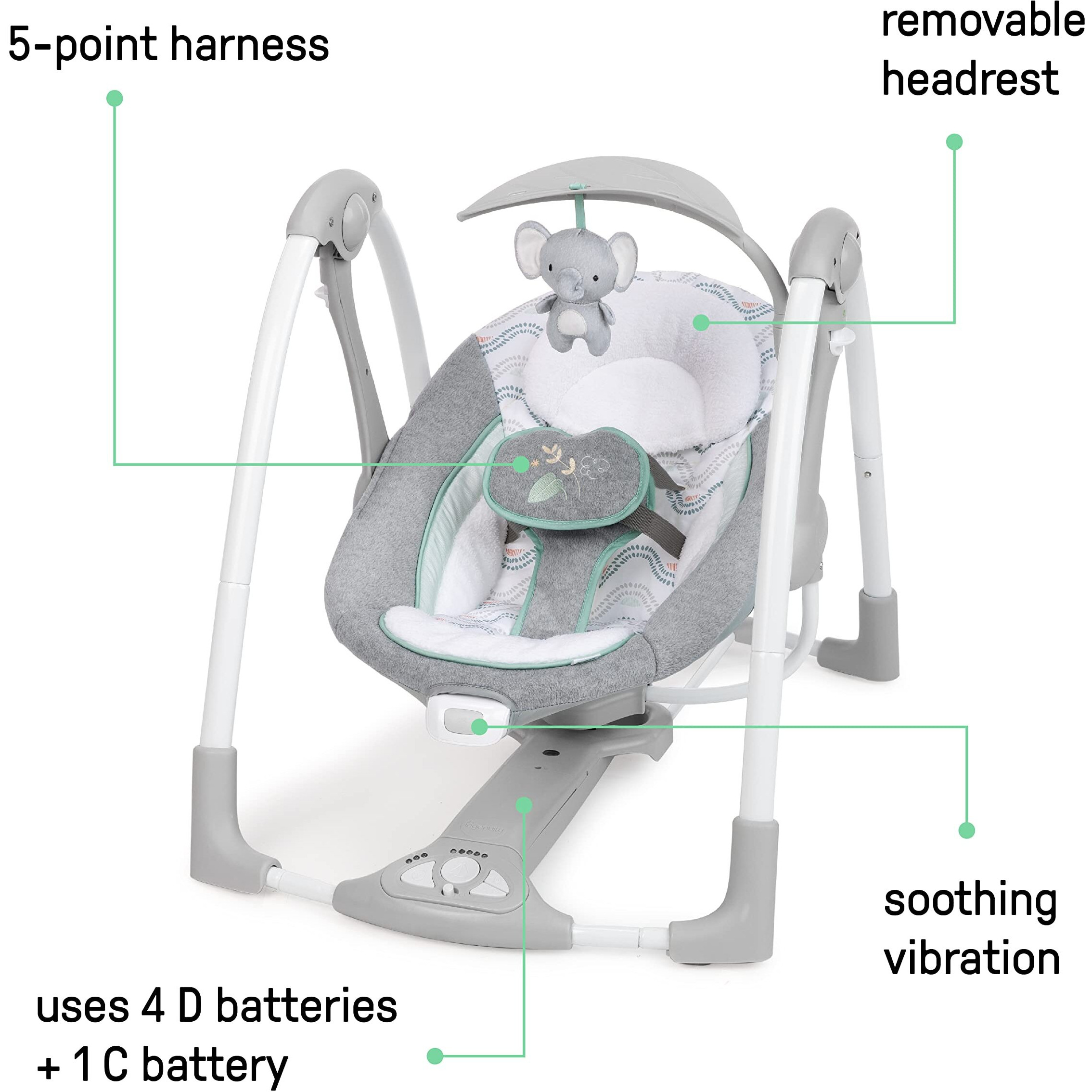 Ingenuity Convertme 2-In-1 Compact Portable Automatic Baby Swing & Infant Seat, Battery-Saving Vibrations, Nature Sounds, 0-9 Months 6-20 Lbs (Swell)