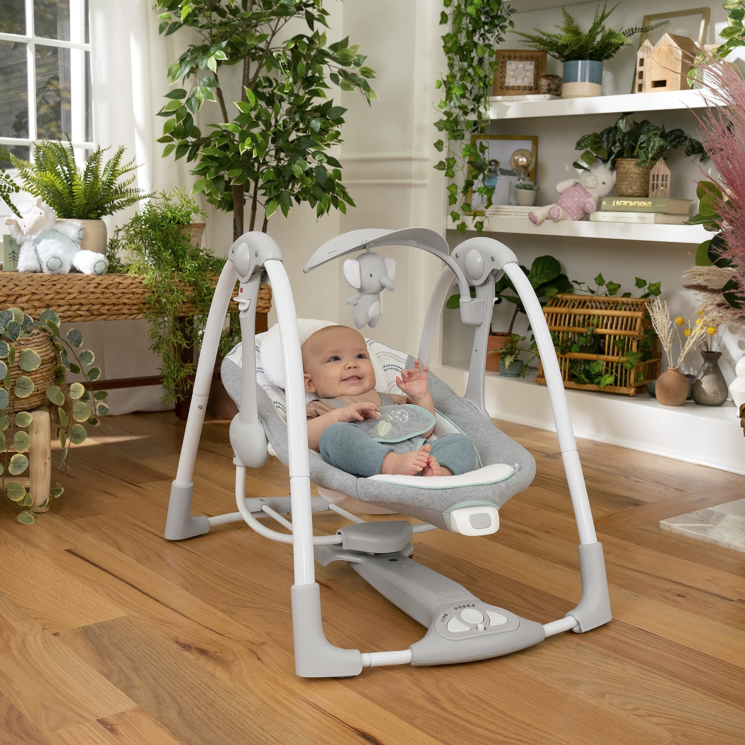 Ingenuity Convertme 2-In-1 Compact Portable Automatic Baby Swing & Infant Seat, Battery-Saving Vibrations, Nature Sounds, 0-9 Months 6-20 Lbs (Swell)