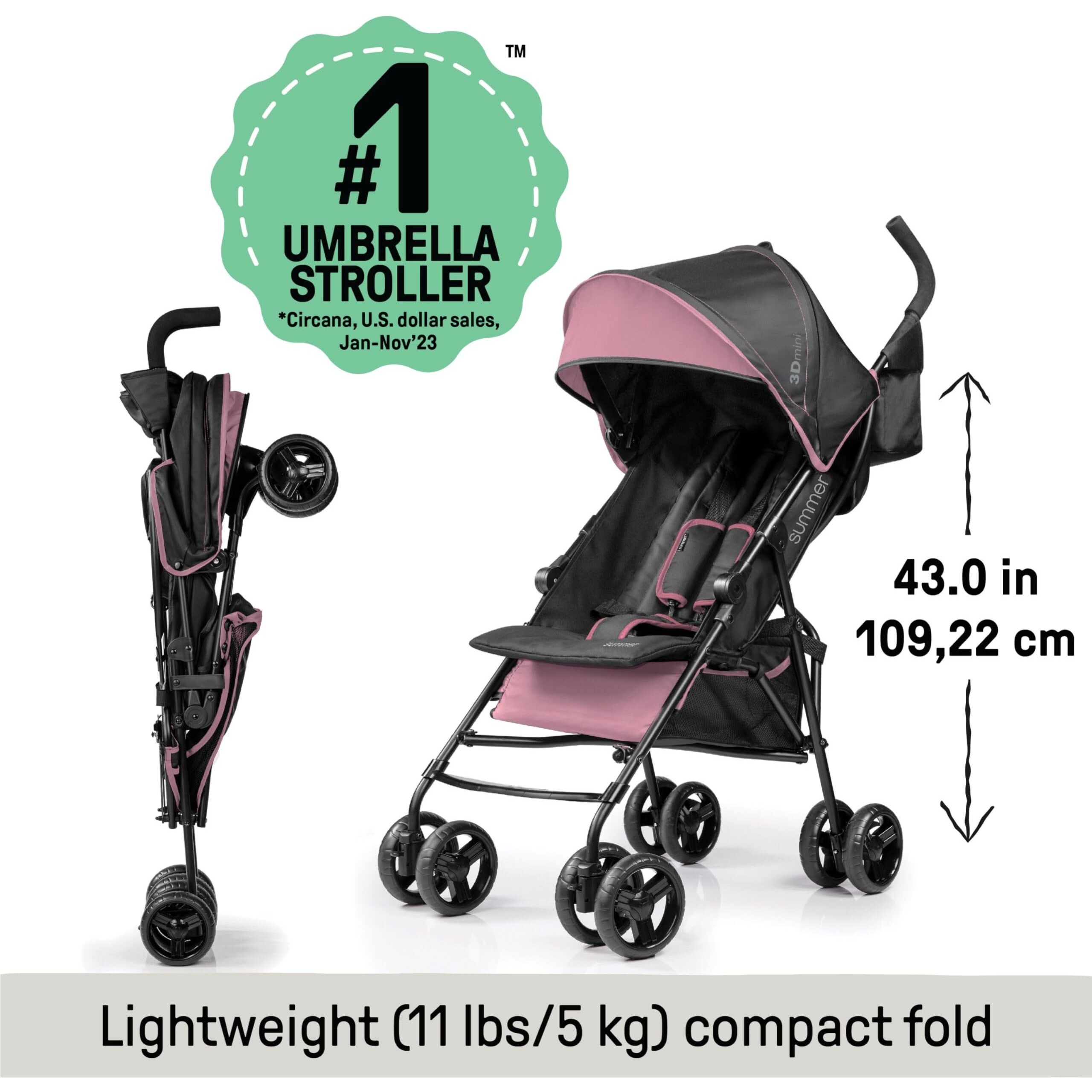 Summer Infant 3Dmini Convenience Stroller, Pink - Lightweight Stroller With Compact Fold, Multi-Position Recline, Canopy With Pop Out Sun Visor And More - Umbrella Stroller For Travel