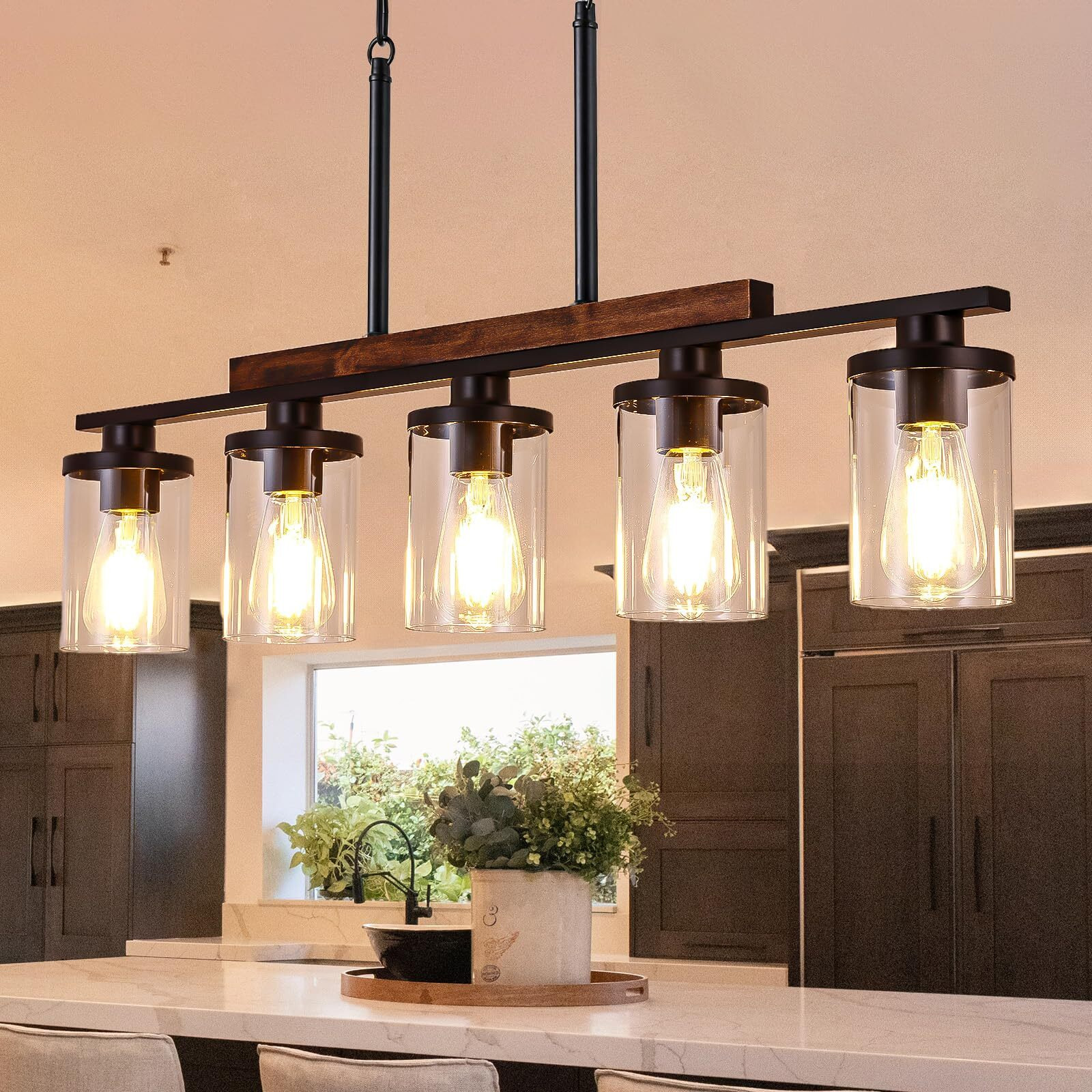 Nsrce Dining Room Light Fixture Over Table, 5-Light Linear Farmhouse Chandelier Pendant Lighting For Kitchen Island Dining Room With Glass Shade, Black Metal And Wood Finish