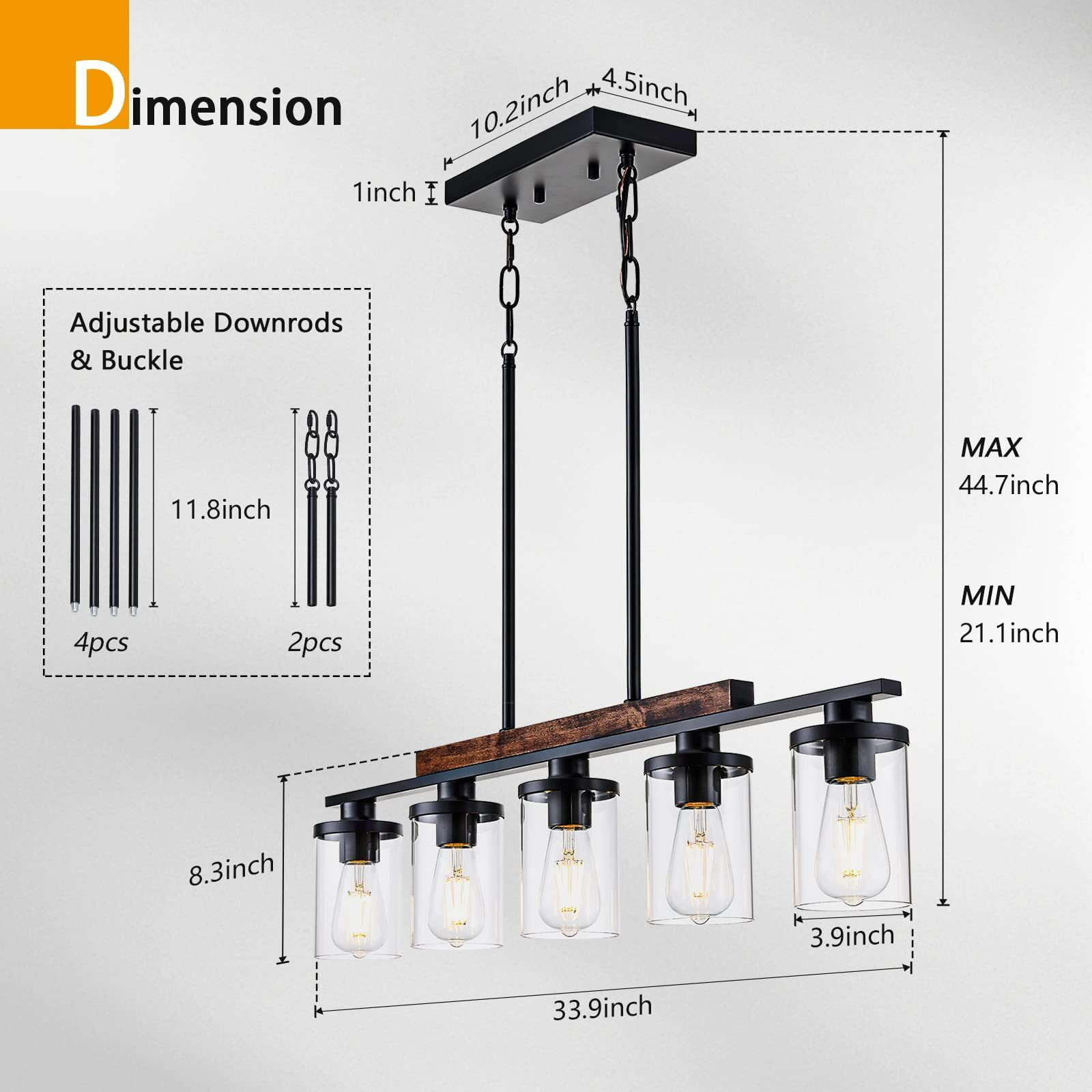 Nsrce Dining Room Light Fixture Over Table, 5-Light Linear Farmhouse Chandelier Pendant Lighting For Kitchen Island Dining Room With Glass Shade, Black Metal And Wood Finish