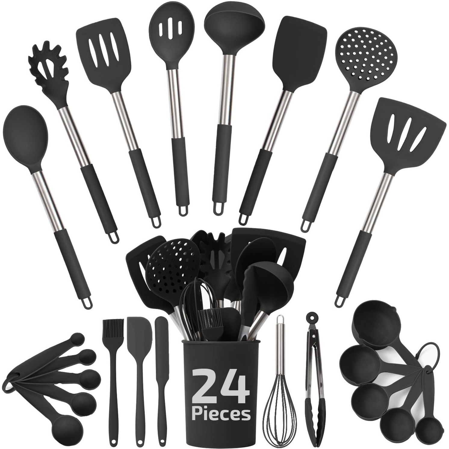 Silicone Kitchen Utensils Set - Culinary Couture 24-Pieces Black Silicone Cooking Utensils Set For Nonstick Cookware - Silicone Spatulas Set, Stainless Steel Handle & Other Kitchen Accessories