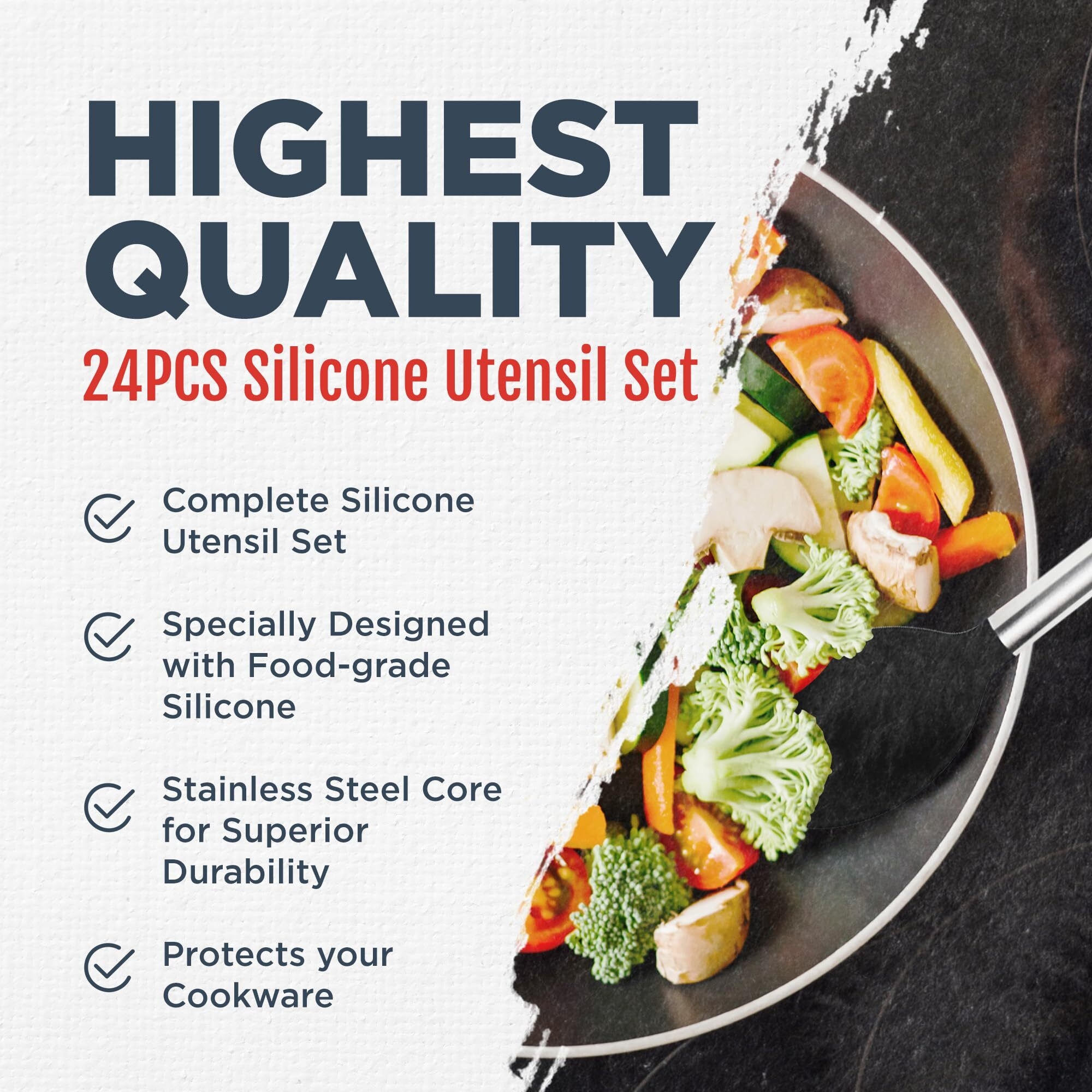 Silicone Kitchen Utensils Set - Culinary Couture 24-Pieces Black Silicone Cooking Utensils Set For Nonstick Cookware - Silicone Spatulas Set, Stainless Steel Handle & Other Kitchen Accessories