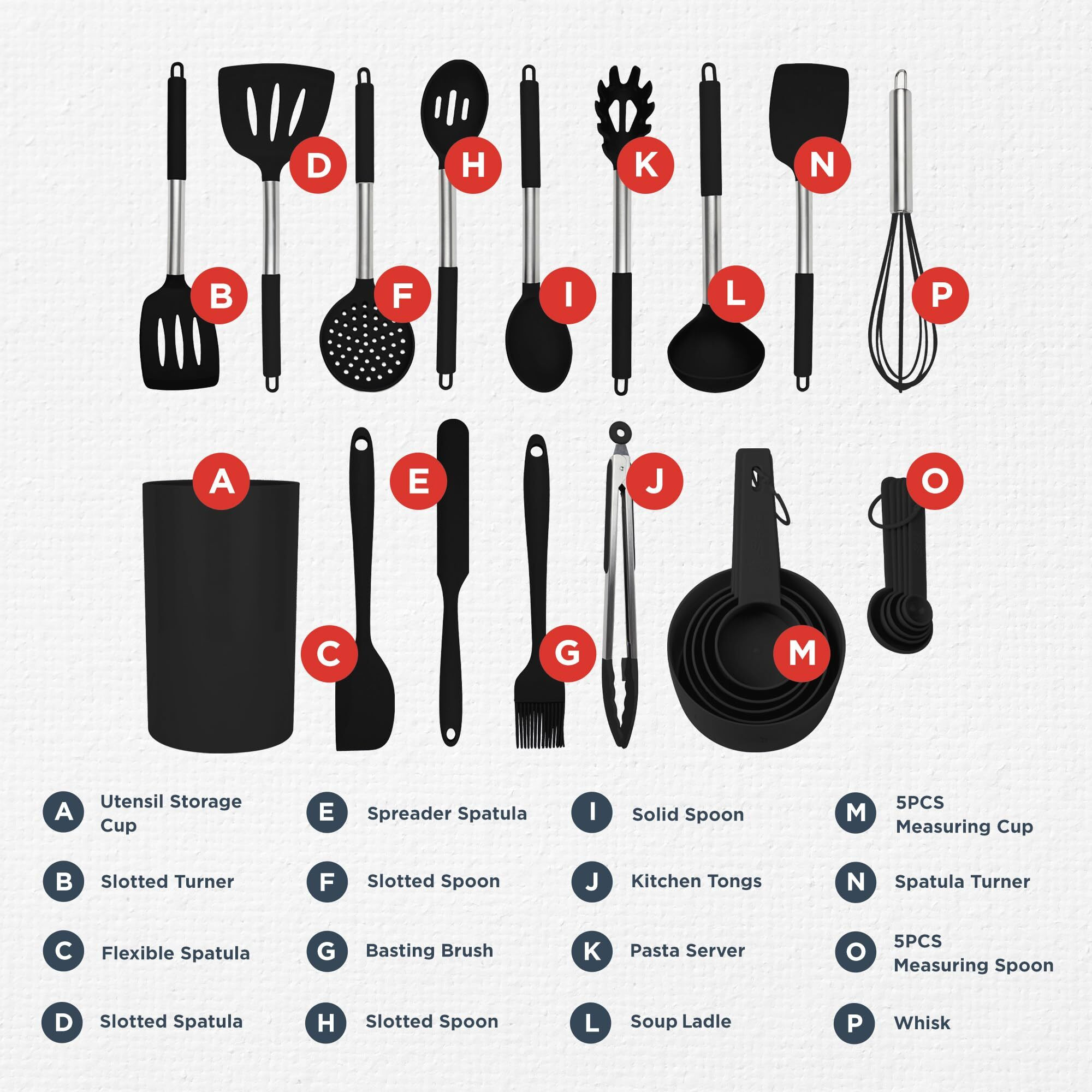 Silicone Kitchen Utensils Set - Culinary Couture 24-Pieces Black Silicone Cooking Utensils Set For Nonstick Cookware - Silicone Spatulas Set, Stainless Steel Handle & Other Kitchen Accessories