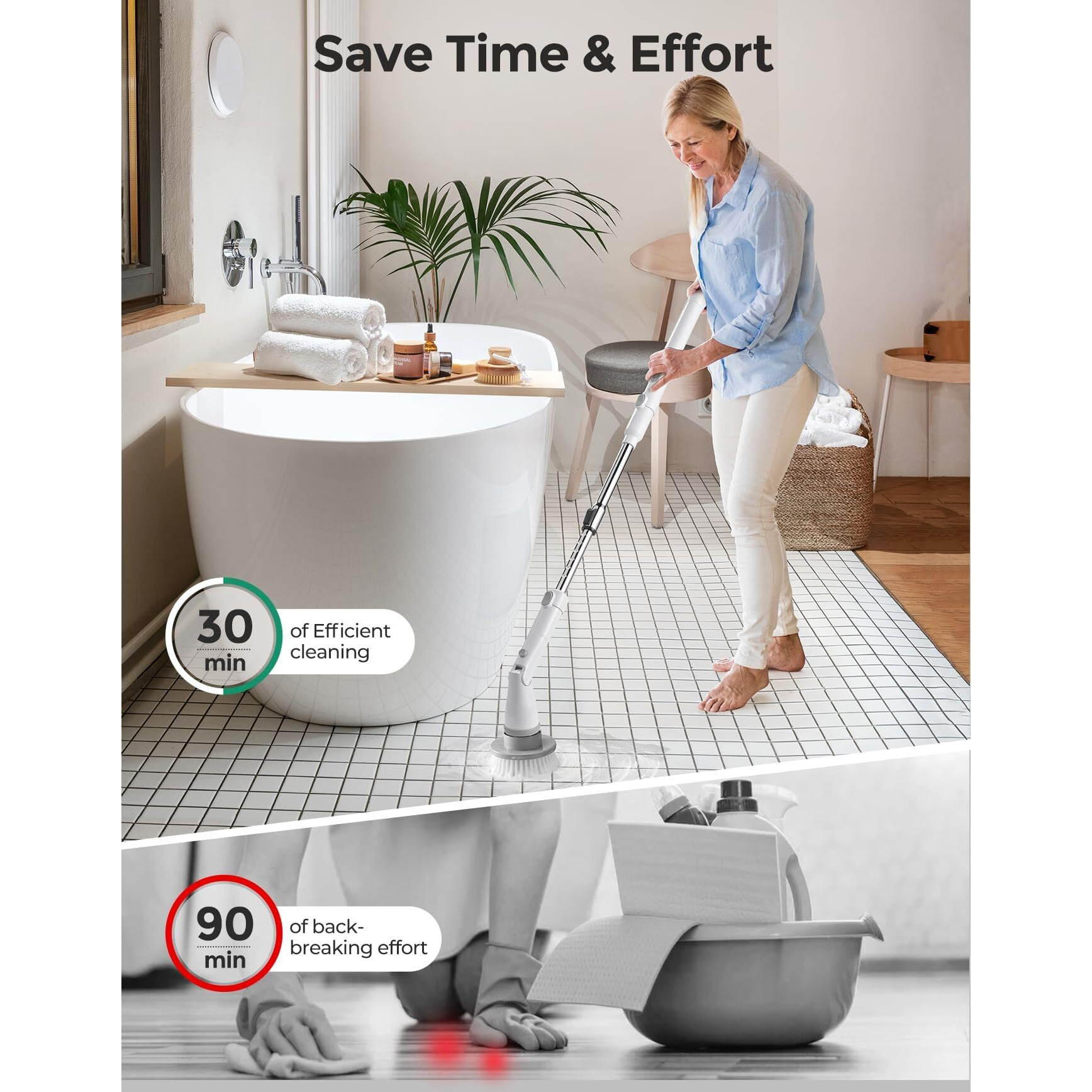 Khelfer Electric Spin Scrubber Kh8, 2024 Upgrade Cordless Shower Scrubber 8 Replacement Head, 1.5H Bathroom Scrubber Dual Speed, Shower Cleaning Brush With Extension Arm For Bathtub Tile Floor