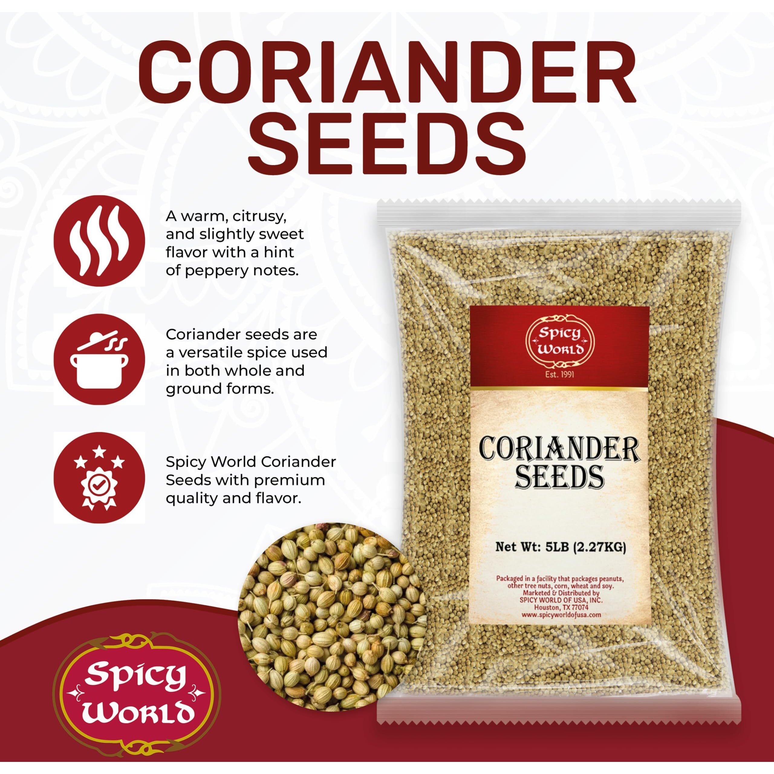 Spicy World Coriander Seeds 5 Pounds Bulk - Pure Indian Spice