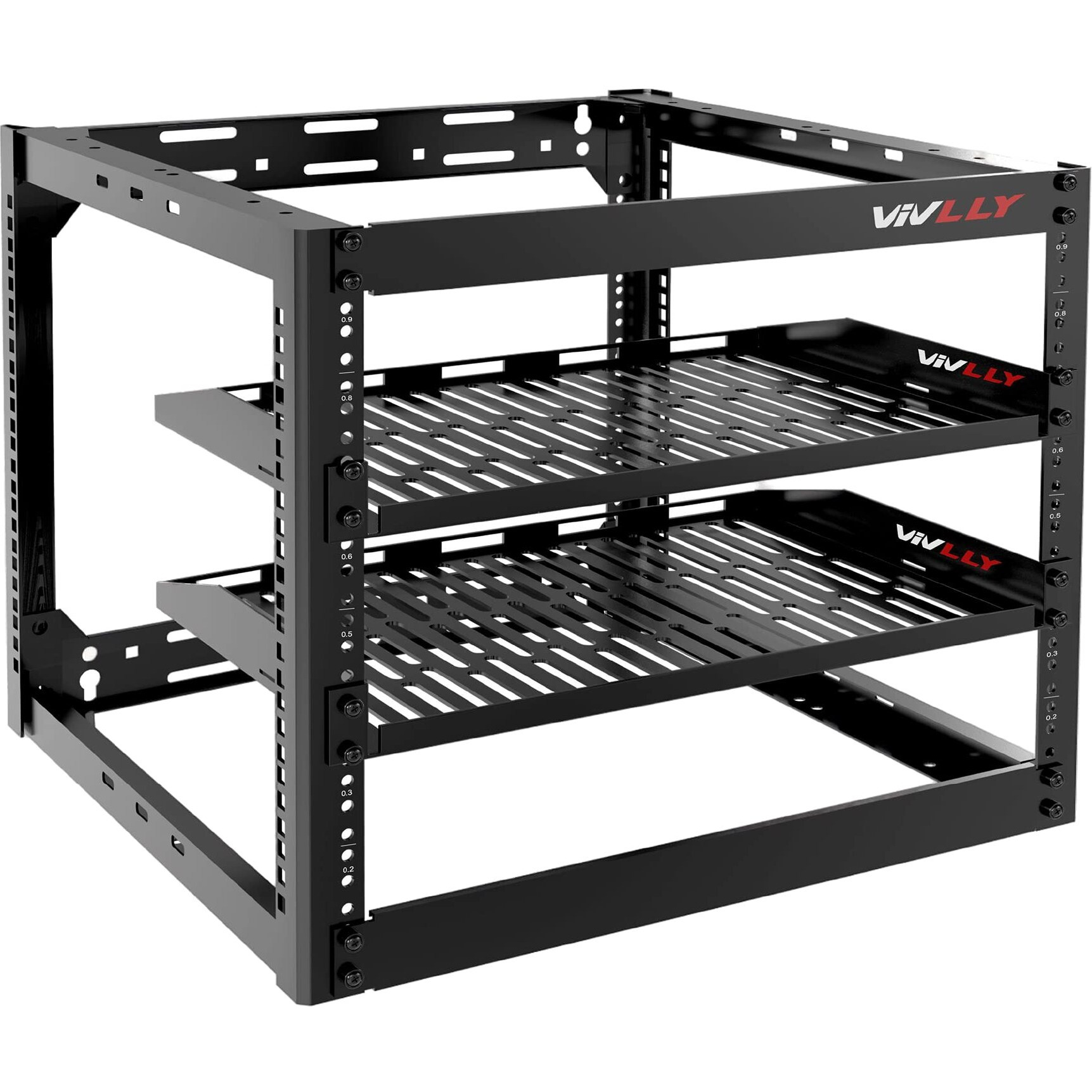 Vivlly Open Frame 10U Rack For Networking, Servers, Audio, And Video Equipment, Heavy Duty 1U Vented Shelves, Wall Mounted Hardware Or Floor Standing Support