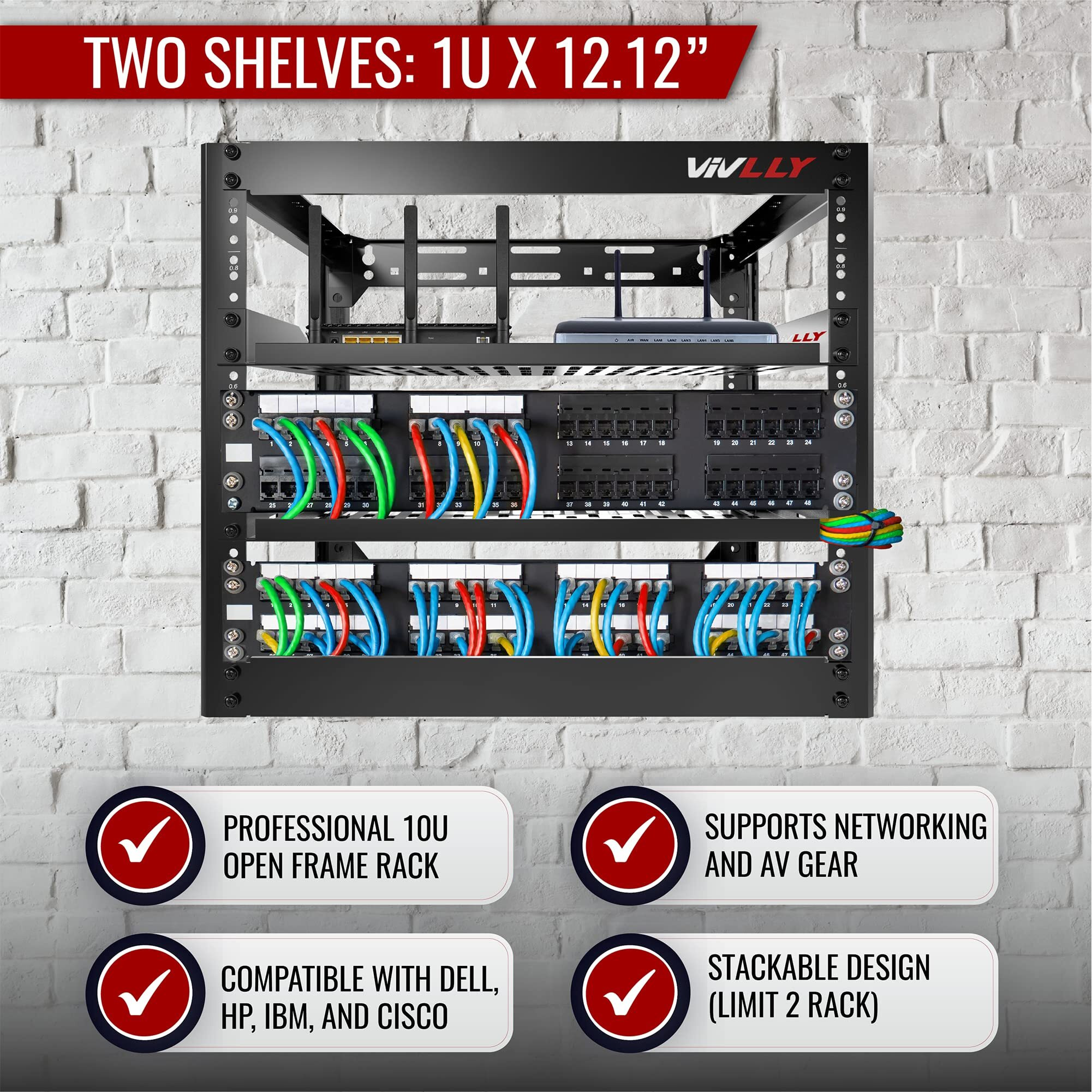Vivlly Open Frame 10U Rack For Networking, Servers, Audio, And Video Equipment, Heavy Duty 1U Vented Shelves, Wall Mounted Hardware Or Floor Standing Support