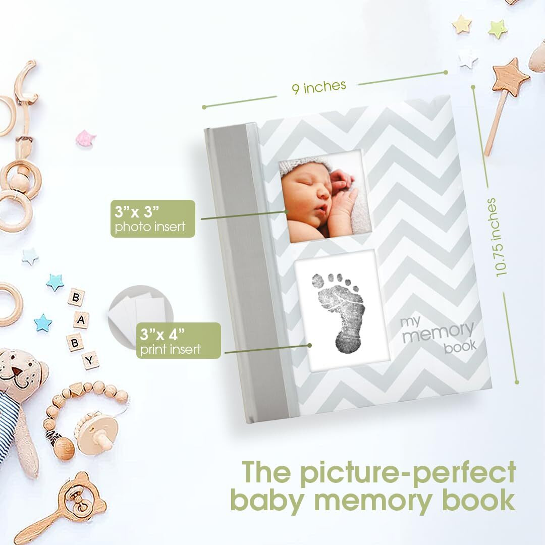 Pearhead Baby Memory Book, First 5 Years Baby Milestone Book, Pregnancy Journal, Newborn Baby Girl Or Baby Boy Keepsake, With Clean-Touch Ink Pad For Baby's Handprint Or Footprint, Gray Chevron