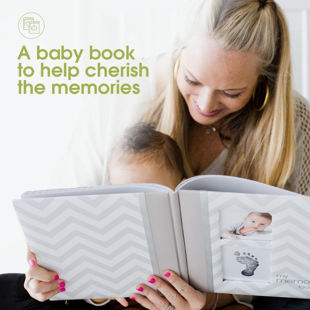 Pearhead Baby Memory Book, First 5 Years Baby Milestone Book, Pregnancy Journal, Newborn Baby Girl Or Baby Boy Keepsake, With Clean-Touch Ink Pad For Baby's Handprint Or Footprint, Gray Chevron