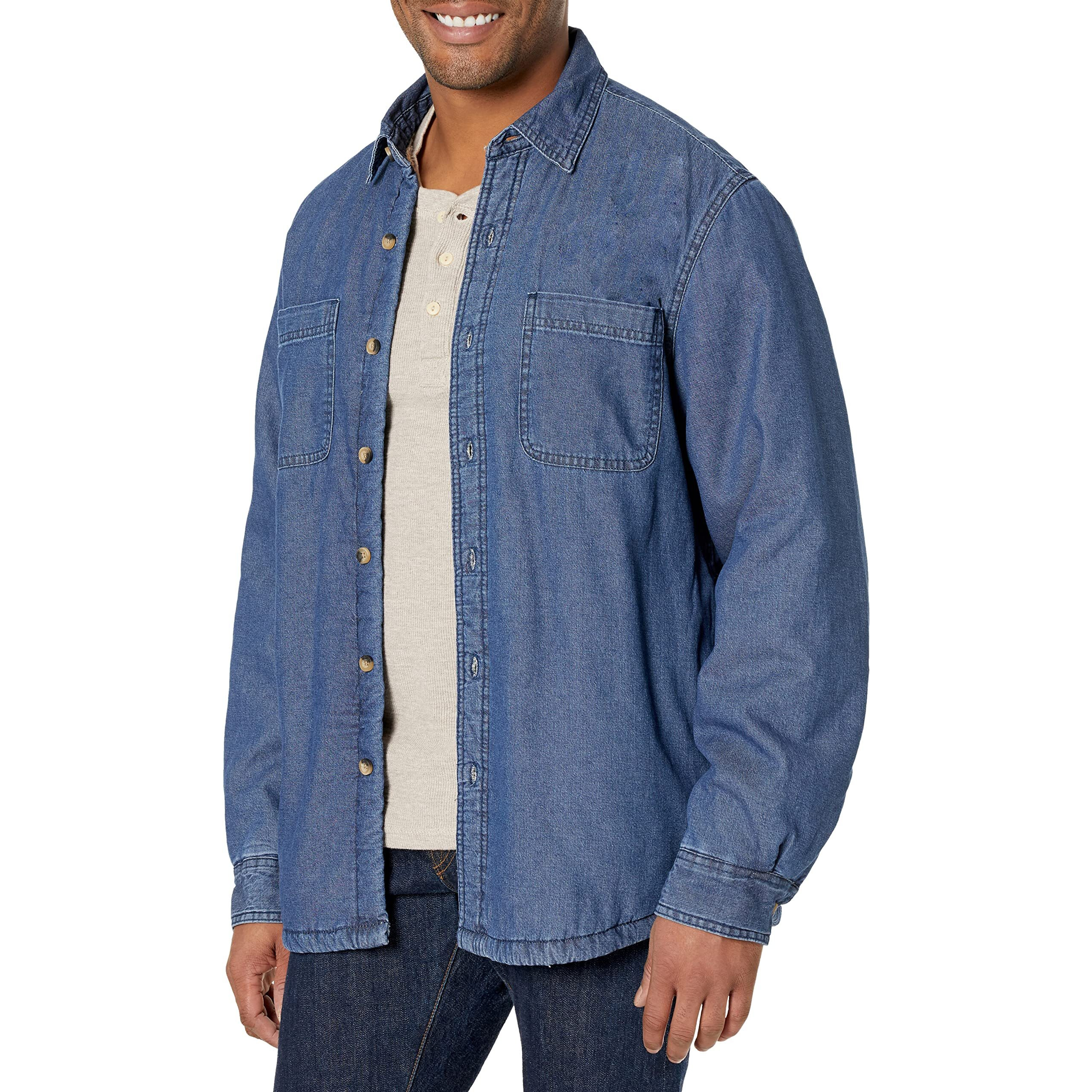 Wrangler Authentics Men's Long Sleeve Sherpa Lined Shirt Jacket, Indigo, Large