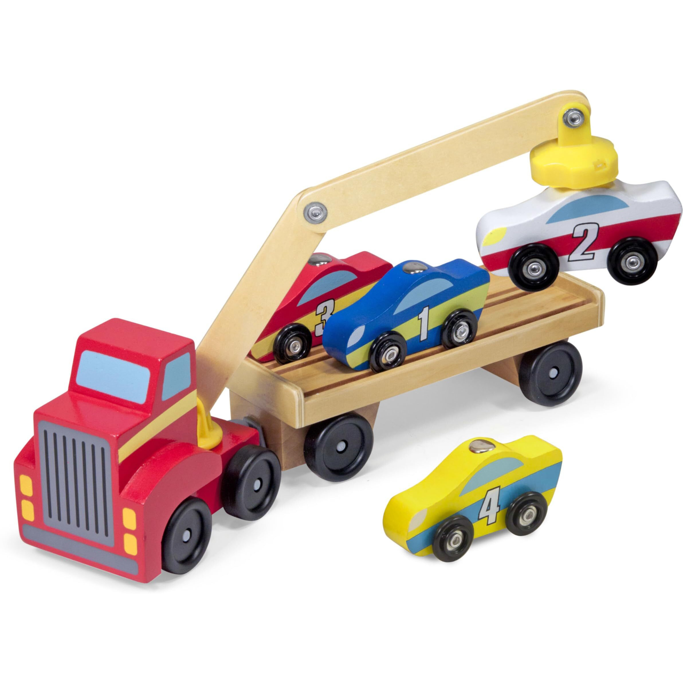 Melissa & Doug Magnetic Car Loader Wooden Toy Set With 4 Cars And 1 Semi-Trailer Truck