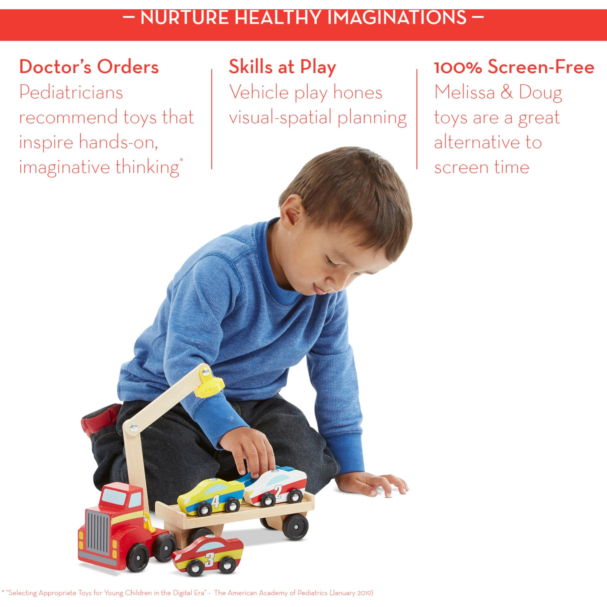 Melissa & Doug Magnetic Car Loader Wooden Toy Set With 4 Cars And 1 Semi-Trailer Truck