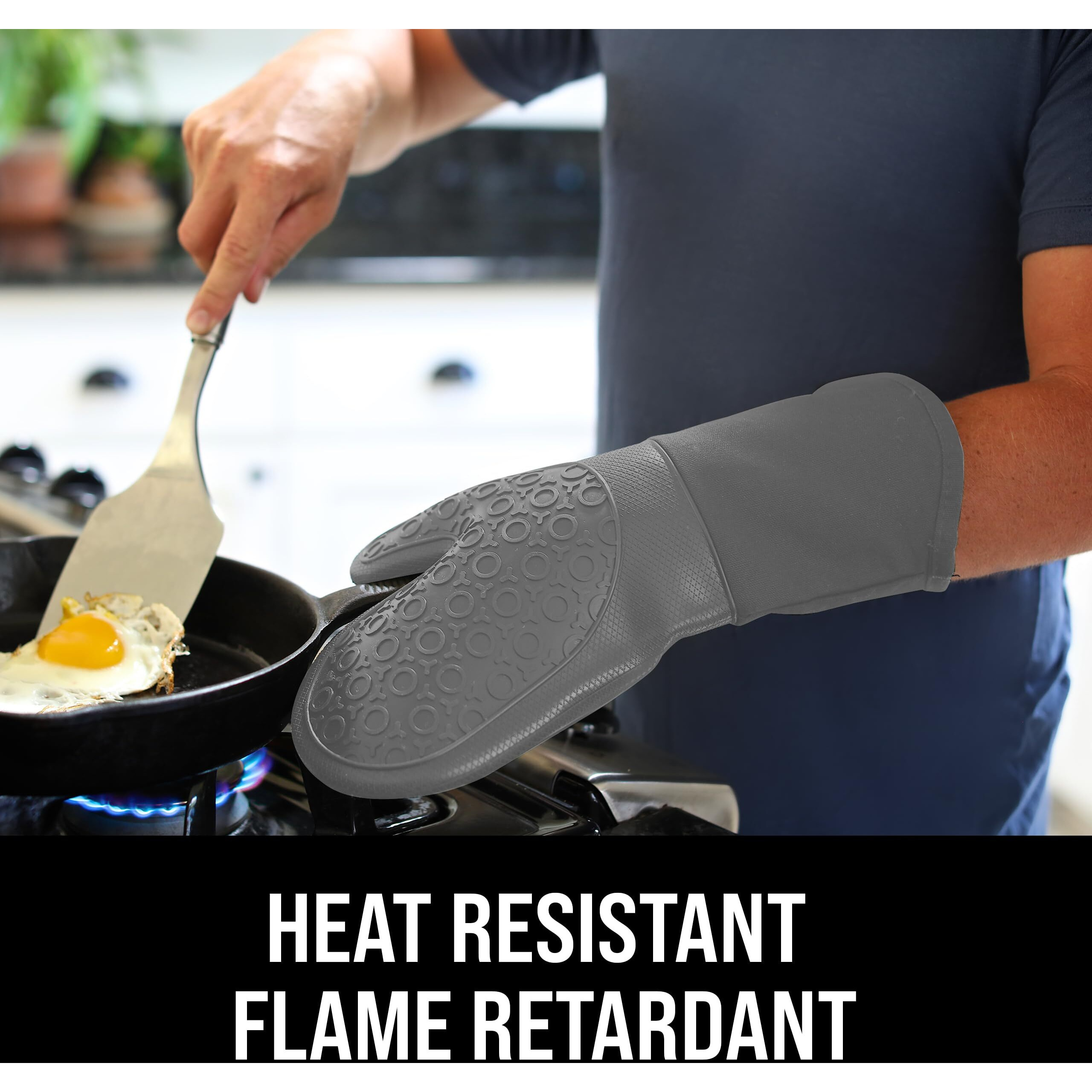 Homwe Silicone Oven Mitt, Oven Mitts With Quilted Liner, Heat Resistant Pot Holders, Slip Resistant Flexible Oven Gloves, Gray, 1 Pair, 13.7 Inch