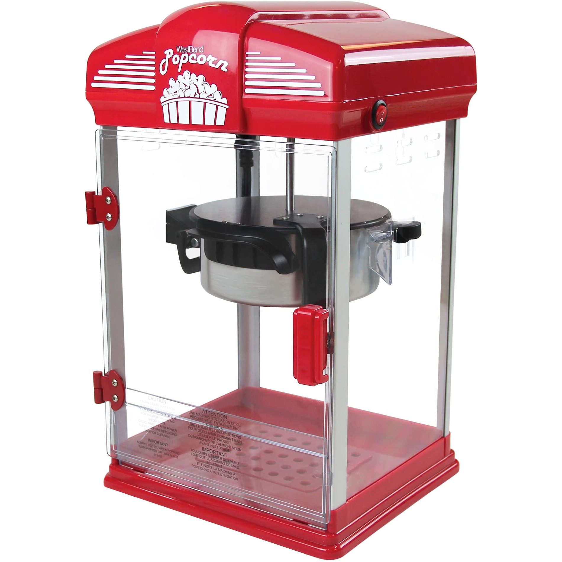 West Bend Stir Crazy Movie Theater Popcorn Popper With Nonstick Popcorn Kettle, Measuring Tool And Popcorn Scoop For Gourmet Popcorn Machine , 4 Qt., Red