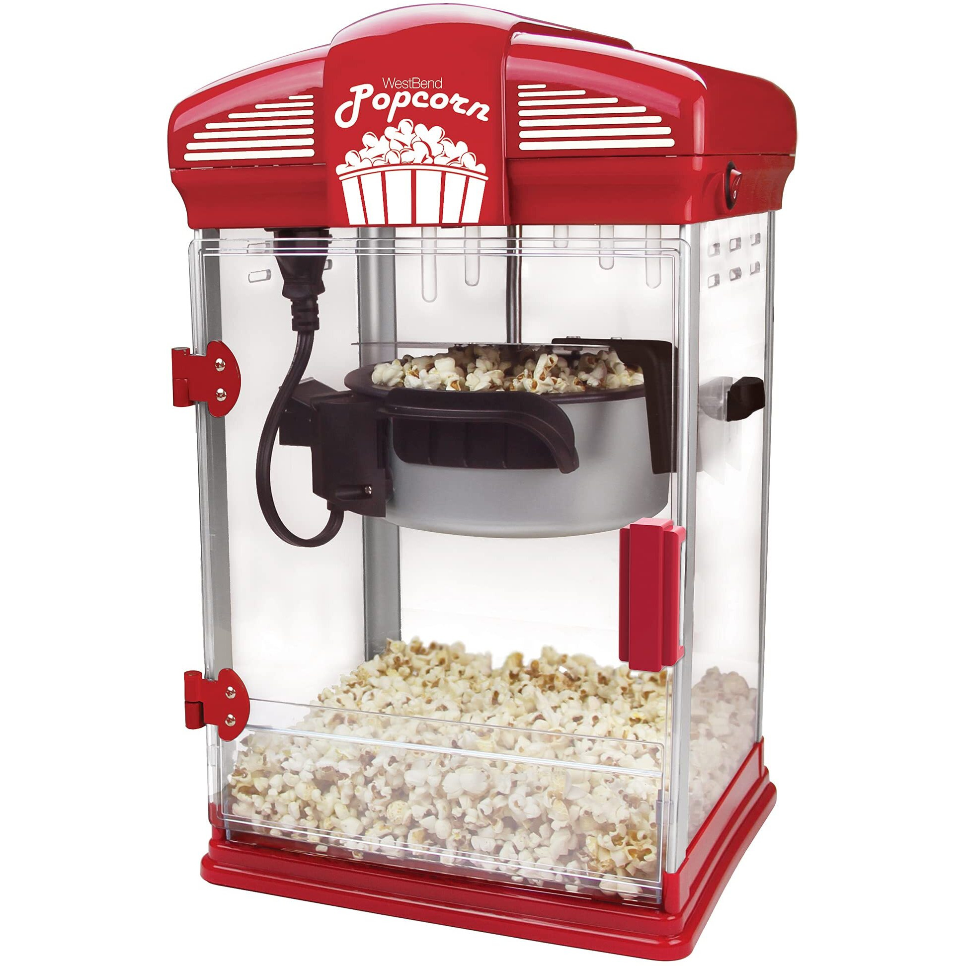West Bend Stir Crazy Movie Theater Popcorn Popper With Nonstick Popcorn Kettle, Measuring Tool And Popcorn Scoop For Gourmet Popcorn Machine , 4 Qt., Red