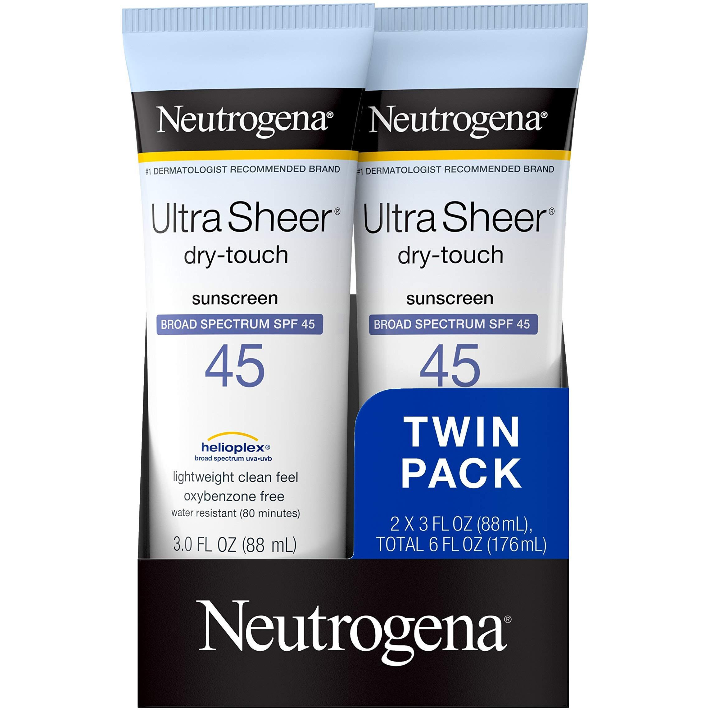 Neutrogena Ultra Sheer Dry-Touch Water Resistant And Non-Greasy Sunscreen Lotion With Broad Spectrum Spf 45, Tsa-Compliant Travel Size, 3 Fl Oz, Pack Of 2, 6 Fl Oz